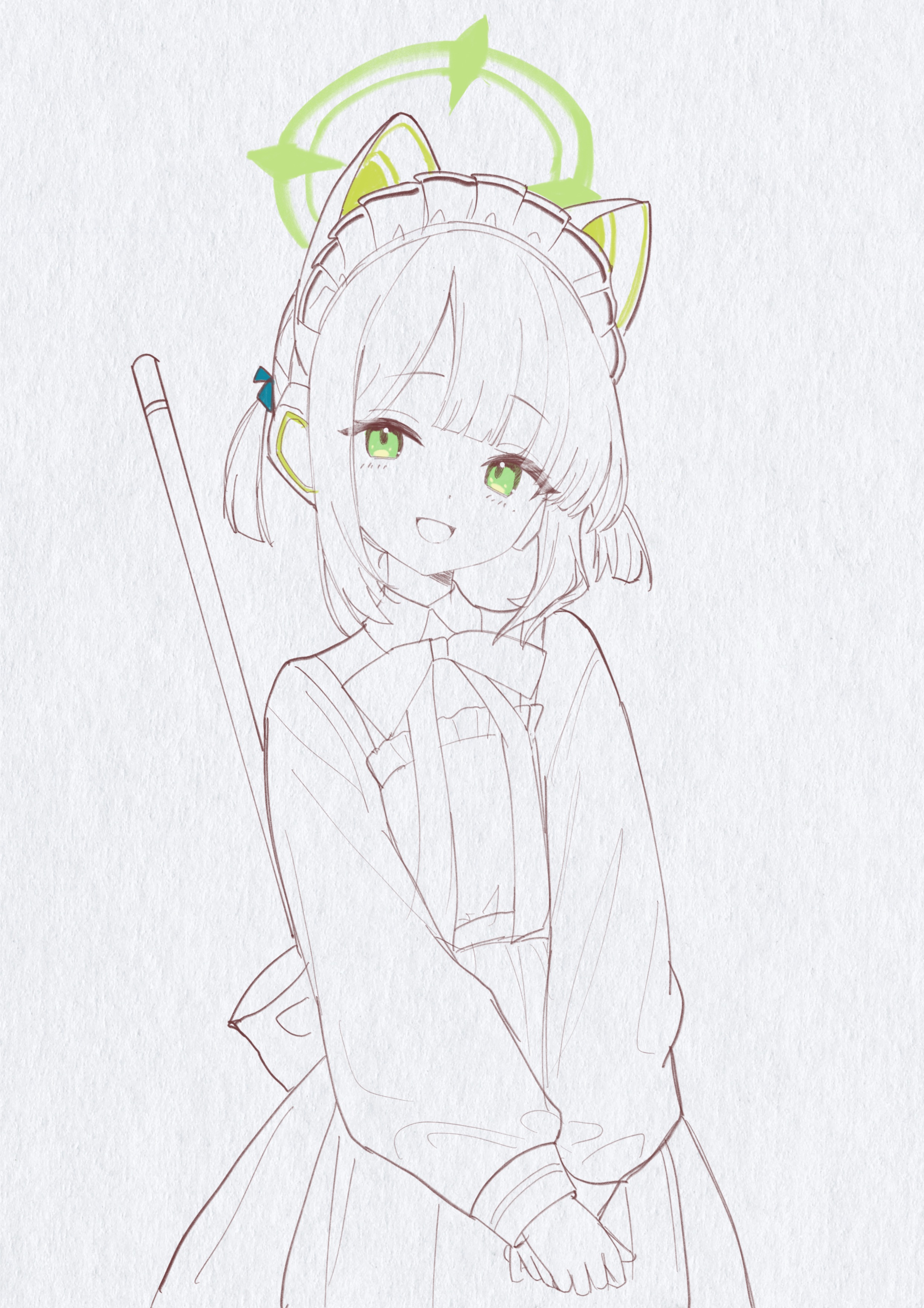 ksi 47, midori (blue archive), midori (maid) (blue archive), blue archive, absurdres, highres, 1girl, :d, animal ear headphones, animal ears, apron, back bow, blunt bangs, bow, bowtie, broom, cat ear headphones, cat ears, collared dress, dress, fake animal ears, faux traditional media, frilled apron, frills, green bow, green eyes, green halo, greyscale, hair bow, halo, head tilt, headphones, long sleeves, looking at viewer, maid, maid apron, monochrome, official alternate costume, official alternate hairstyle, open mouth, own hands together, parted bangs, partially colored, puffy long sleeves, puffy sleeves, short hair, short twintails, sidelocks, smile, solo, twintails, v arms, white background