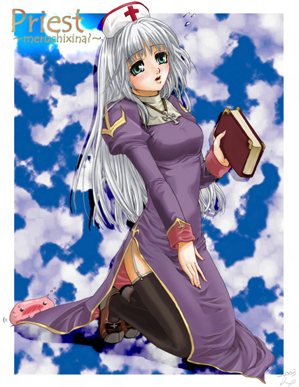priest (ragnarok online), ragnarok online, bad id, 1girl, 2000s (style), black thighhighs, blue background, blush, book, border, brown shoes, character name, cross, cross necklace, dress, flying sweatdrops, full body, garter straps, green eyes, grey hair, hat, holding, holding book, jewelry, juliet sleeves, kneeling, long hair, long sleeves, looking at viewer, murasame ryouya, necklace, nurse cap, open mouth, puffy sleeves, purple dress, shoes, side slit, solo, thighhighs, white border