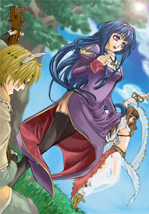 bard (ragnarok online), dancer (ragnarok online), priest (ragnarok online), ragnarok online, bad id, 1boy, 2000s (style), 2girls, bikini, black gloves, black thighhighs, blonde hair, blue hair, blue sky, brown hair, closed eyes, closed mouth, cloud, coin (ornament), day, dress, fingerless gloves, full body, garter straps, gloves, gold, guitar, hairband, harem pants, holding, holding instrument, instrument, juliet sleeves, lens flare, long hair, long sleeves, looking afar, multiple girls, murasame ryouya, music, open mouth, outdoors, pants, playing instrument, puffy sleeves, purple dress, purple eyes, side slit, sky, smile, solo focus, swimsuit, thighhighs, tree, upper body, white pants, yellow bikini, yellow hairband
