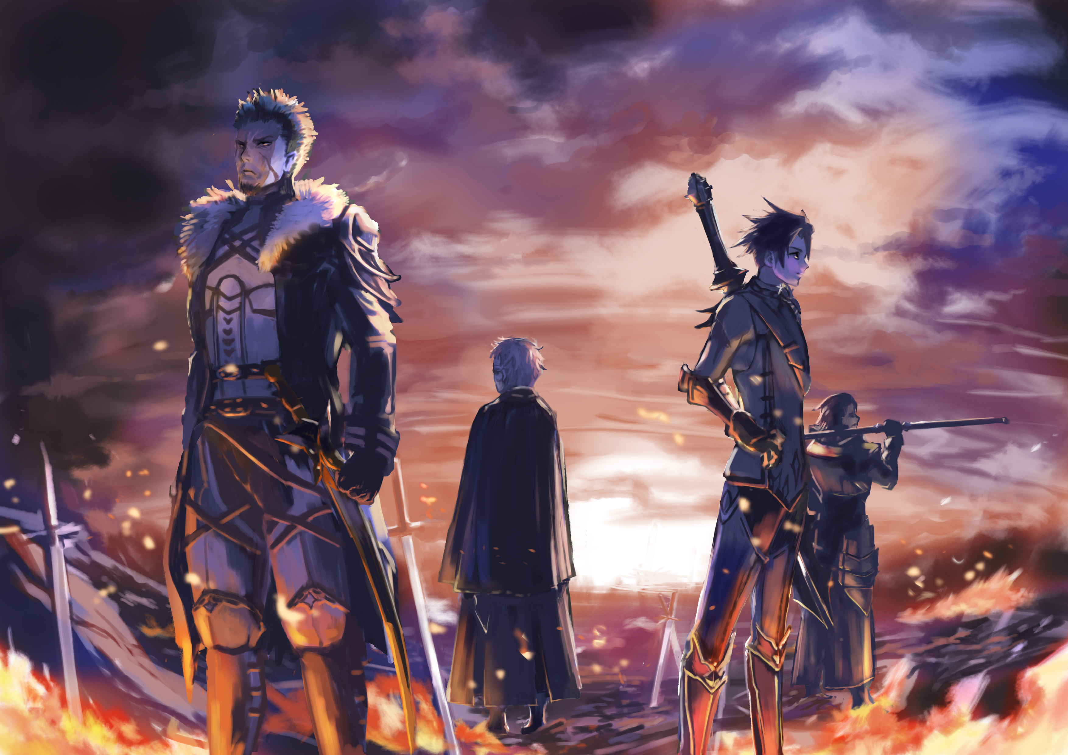 n furaibou, gal farion, mushoku tensei, absurdres, highres, 1girl, 3boys, arm armor, armor, battlefield, fire, holding, holding staff, holding weapon, huge weapon, jacket, kalman ii, kalman iii, multiple boys, reida reia, scar, scar on face, staff, weapon, white hair