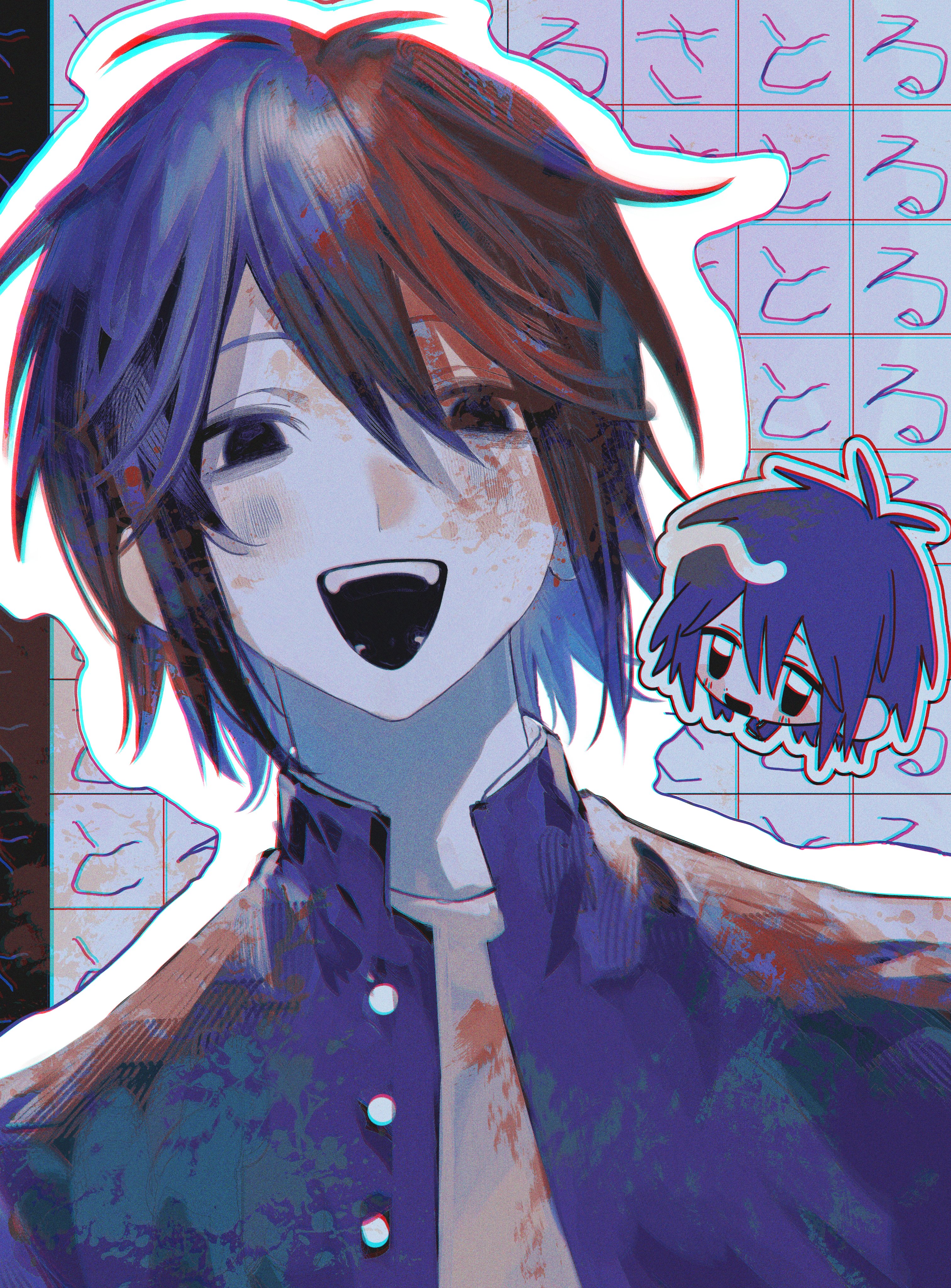 333takoyaki, tsukada satoru, randal's friends, absurdres, commentary request, highres, 1boy, blood, blood on clothes, blood on face, blush, character name, chibi, chibi inset, gakuran, hair between eyes, jacket, male focus, multiple views, muted color, open clothes, open jacket, open mouth, school uniform, shirt, teeth, upper teeth only