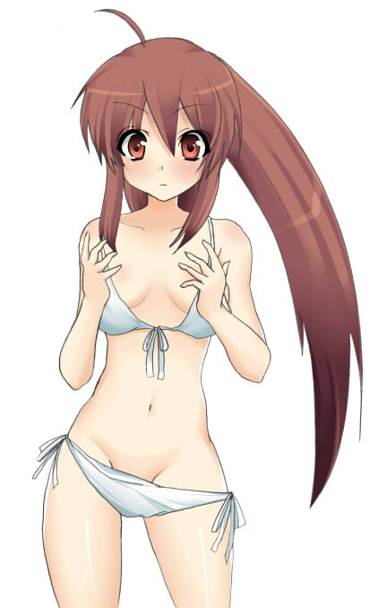 masayu, natsume rin, little busters!, 1girl, bikini, blush, brown hair, cowboy shot, female focus, long hair, looking at viewer, navel, oversized clothes, ponytail, side-tie bikini bottom, simple background, solo, swimsuit, very long hair, white background, white bikini
