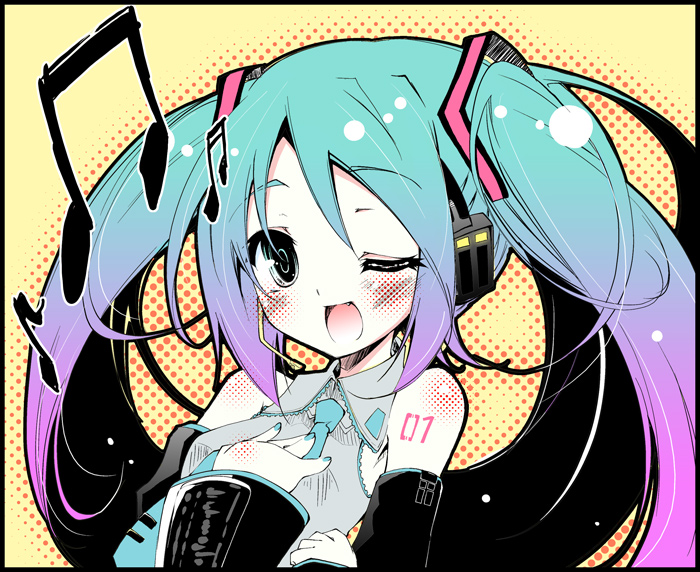 kamiya yuu, hatsune miku, vocaloid, 1girl, aqua hair, aqua nails, bare shoulders, beamed quavers, blush, detached sleeves, fang, female focus, gradient hair, headphones, long hair, multicolored hair, musical note, nail polish, necktie, one eye closed, open mouth, quaver, solo, twintails, wink