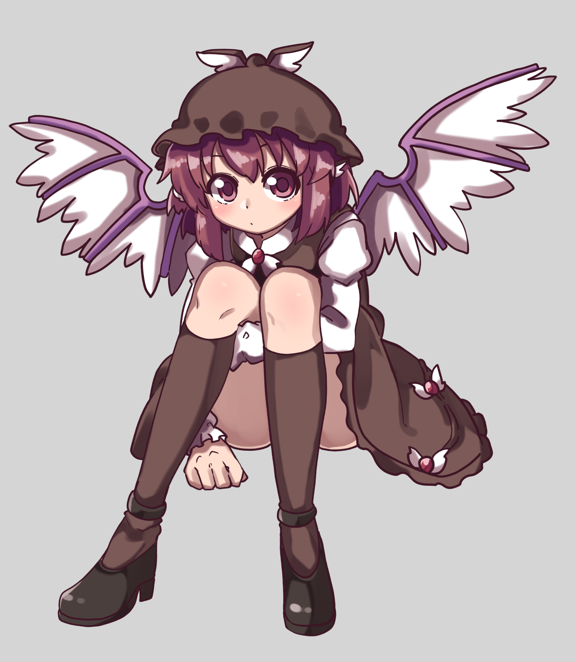 renshirenji, mystia lorelei, touhou, commentary, highres, 1girl, anklet, black shoes, black skirt, black thighhighs, blush, brooch, closed mouth, convenient leg, dot mouth, dress, feathered wings, full body, grey background, hat, hugging own legs, jewelry, long sleeves, looking at viewer, one-hour drawing challenge, purple eyes, purple hair, shoes, short hair, simple background, sitting, skirt, straight-on, thighhighs, two-tone dress, winged hat, wings