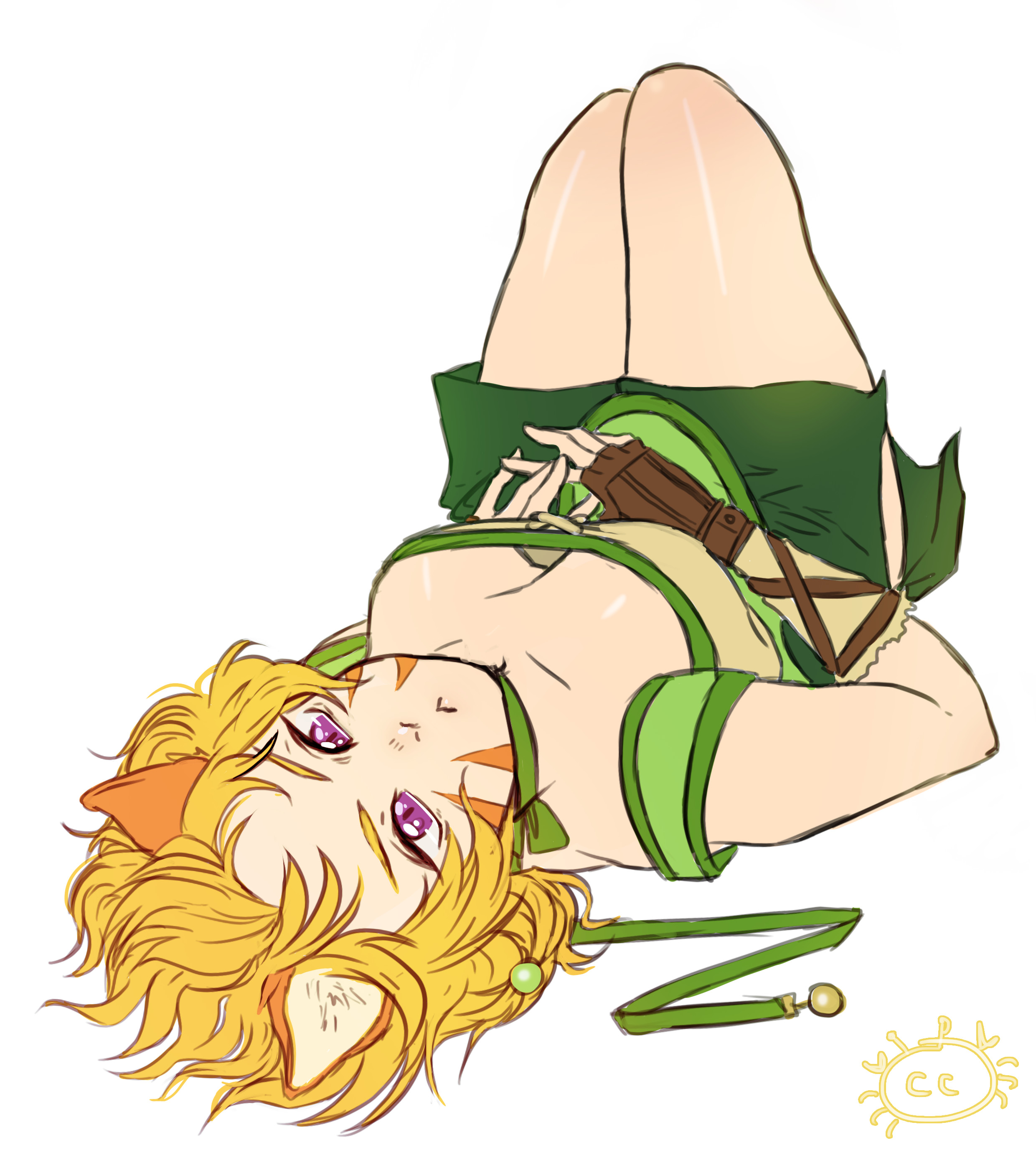 lethe (fire emblem), fire emblem, fire emblem: path of radiance, fire emblem: radiant dawn, nintendo, absurdres, highres, 1girl, :<, animal ears, breasts, cat ears, cat girl, choker, closed mouth, collar, facial mark, georgia down, green choker, green collar, green shorts, hand guard, looking at viewer, lying, medium breasts, messy hair, on back, orange hair, purple eyes, shorts, side slit, side slit shorts, slit pupils, solo, thighs, whisker markings, white background