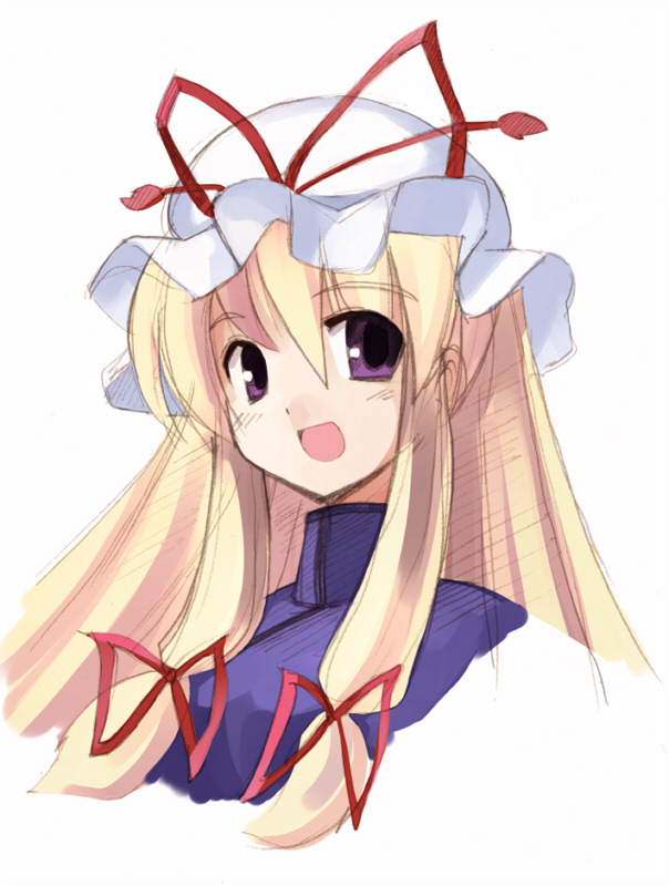 seo tatsuya, yakumo yukari, touhou, 1girl, blonde hair, bow, female focus, hair bow, hat, long hair, open mouth, purple eyes, ribbon, sketch, smile, solo
