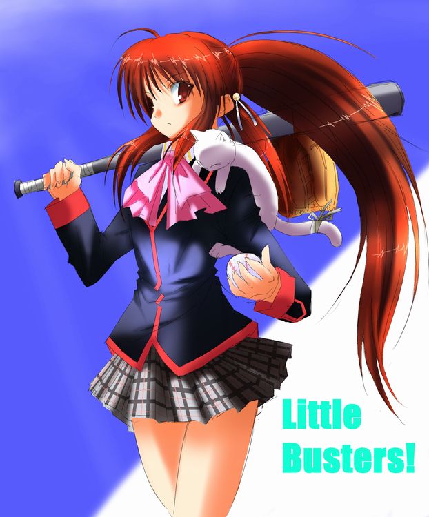 sado (sadolabo), natsume rin, little busters!, 1girl, ahoge, animal, animal on shoulder, baseball bat, bow, bowtie, cat, cat on shoulder, female focus, green skirt, long sleeves, looking at viewer, miniskirt, pink bow, pink bowtie, plaid clothes, plaid skirt, pleated skirt, ponytail, red eyes, red hair, sidelocks, skirt, solo, standing