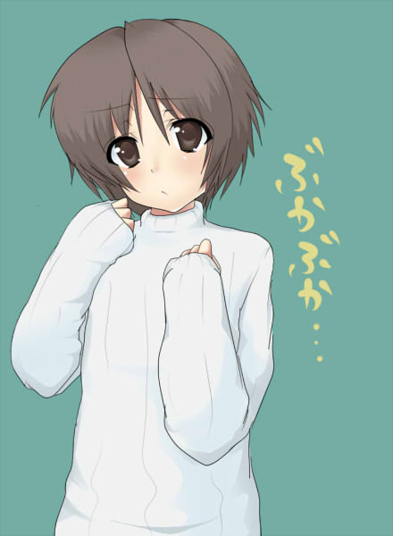 masayu, naoe riki, little busters!, bad id, bad pixiv id, 1boy, androgynous, blush, brown eyes, brown hair, male focus, ribbed sweater, short hair, simple background, solo, sweater