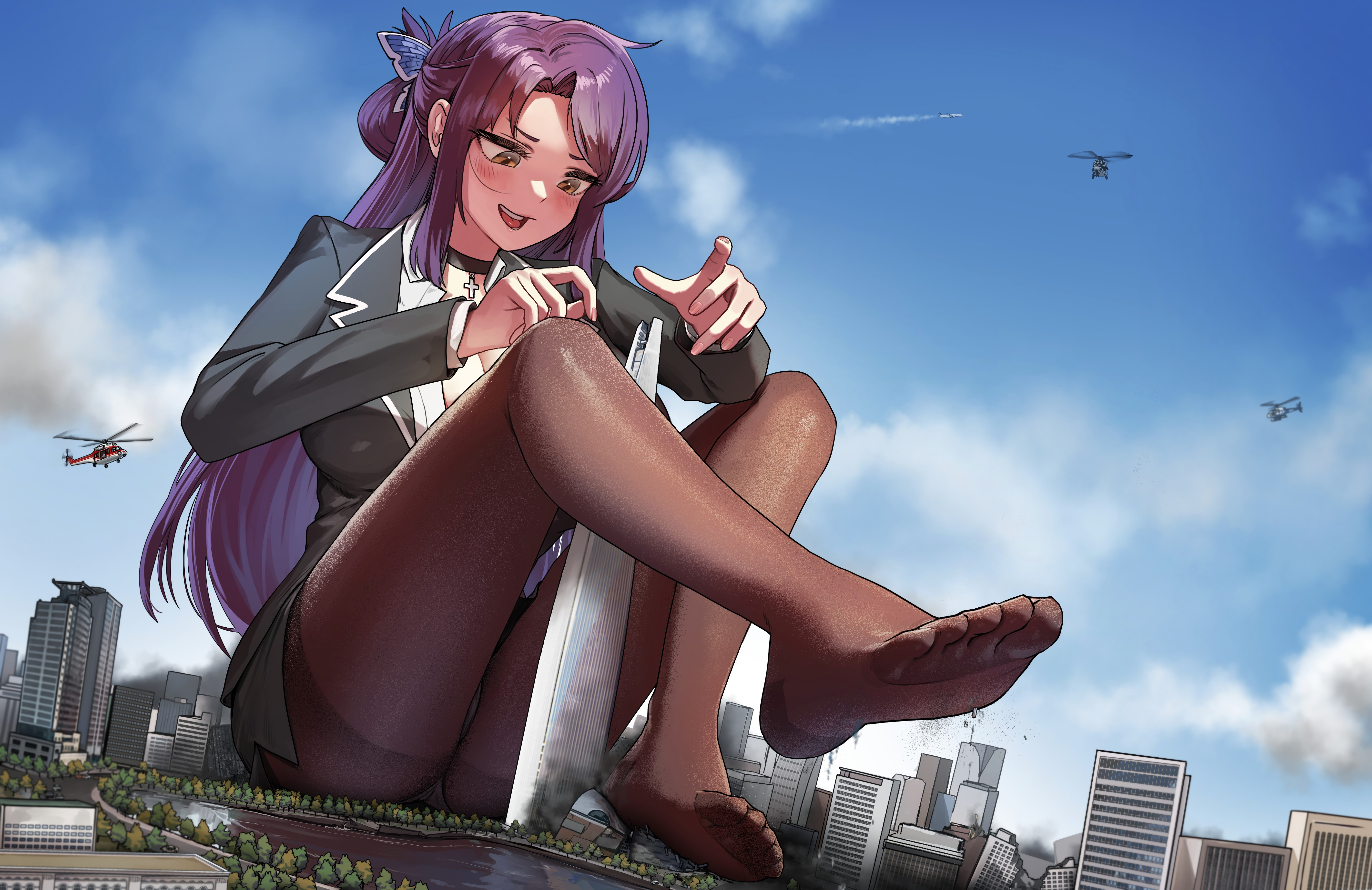 kkasi00, original, absurdres, highres, 1girl, aircraft, black choker, black jacket, black skirt, blue sky, blush, breasts, brown pantyhose, choker, city, cleavage, collared shirt, day, feet, giant, giantess, hair ornament, hands up, helicopter, impossible clothes, jacket, knees up, large breasts, legs, long sleeves, looking down, miniskirt, no shoes, office lady, open mouth, outdoors, panties, panties under pantyhose, pantyhose, parted bangs, shirt, sidelocks, skirt, sky, soles, solo, thighband pantyhose, thighs, toes, underwear, white panties, white shirt