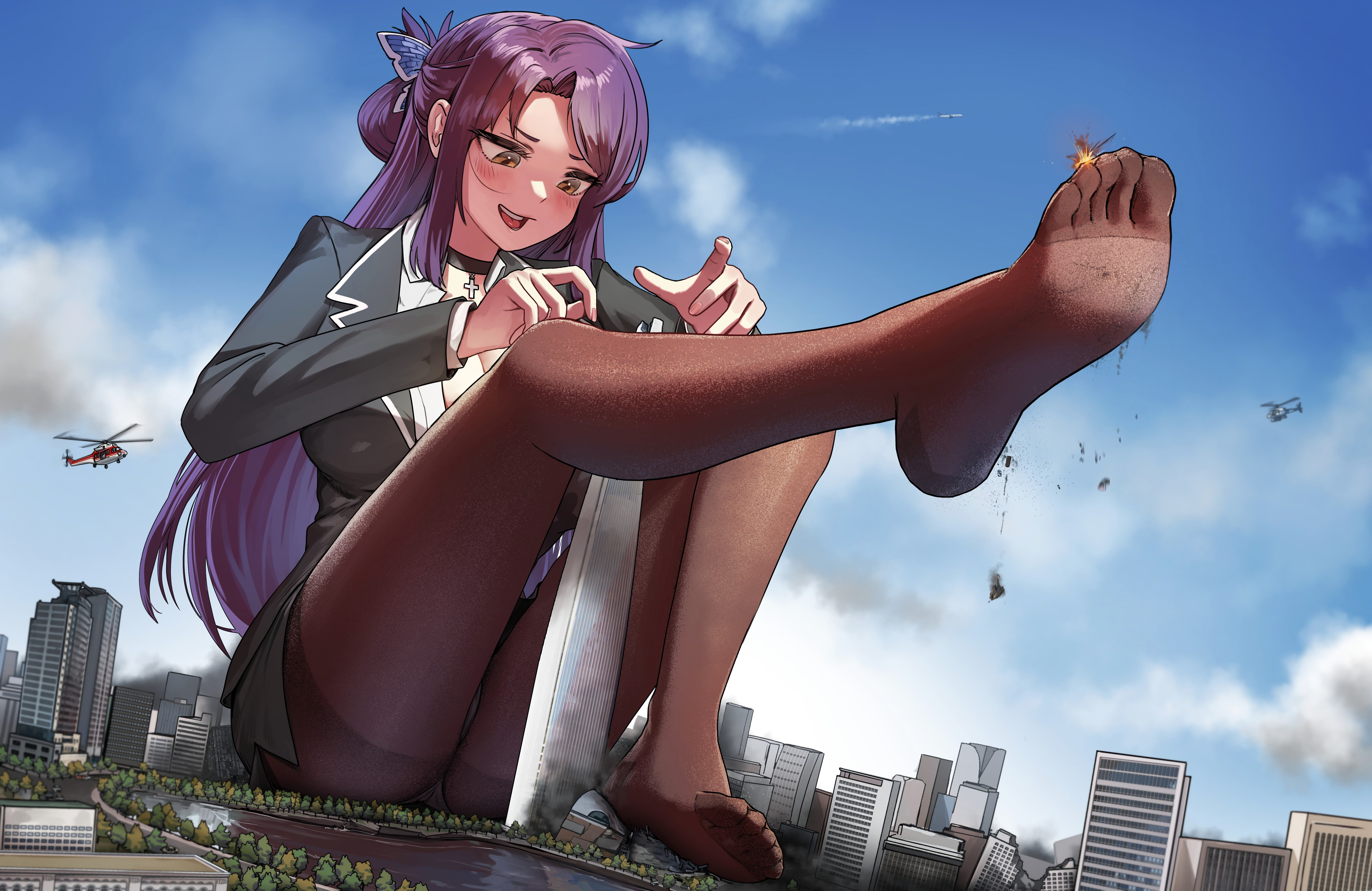 kkasi00, original, absurdres, highres, 1girl, aircraft, black choker, black jacket, black skirt, blue sky, blush, breasts, brown pantyhose, choker, city, cleavage, collared shirt, day, dorsiflexion, feet, giant, giantess, hair ornament, hands up, helicopter, impossible clothes, jacket, knee up, large breasts, leg up, legs, long sleeves, looking down, miniskirt, no shoes, office lady, open mouth, outdoors, panties, panties under pantyhose, pantyhose, parted bangs, shirt, sidelocks, skirt, sky, soles, solo, thighband pantyhose, thighs, toes, underwear, white panties, white shirt