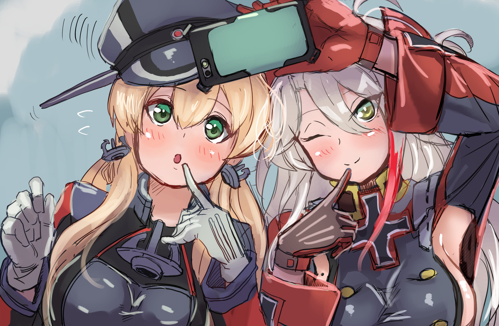 hey taisyou, prinz eugen (azur lane), prinz eugen (kancolle), azur lane, kantai collection, highres, 2girls, :o, anchor, anchor hair ornament, armpit cutout, blonde hair, breasts, brown gloves, buttons, cellphone, clothing cutout, cross, crossover, finger to mouth, flying sweatdrops, gloves, green background, green eyes, grey hair, hair ornament, hat, historical name connection, horns, light blush, mechanical horns, medium breasts, military hat, mole, mole on breast, motion lines, multicolored gloves, multicolored hair, multiple girls, name connection, open mouth, peaked cap, phone, red gloves, red hair, selfie, sideboob, simple background, smartphone, smile, streaked hair, tsurime, twintails, two side up, white gloves