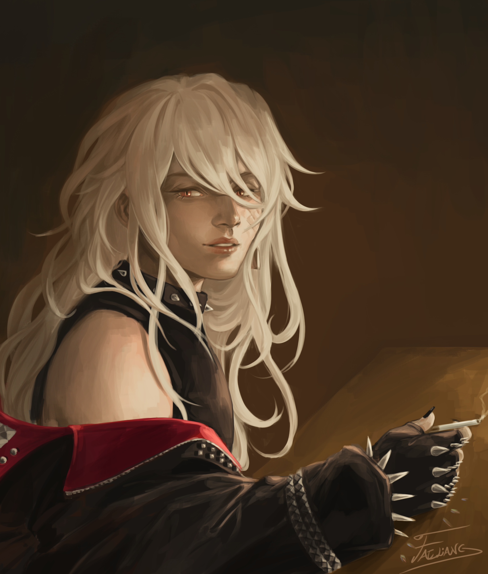 paradox live, highres, 1boy, art study, artist name, black nails, blush, cigarette, collar, from side, gloves, hair between eyes, holding, holding cigarette, jacket, jewelry, kaida shion, long hair, long hair between eyes, long sleeves, looking at viewer, looking back, loose hair strand, multicolored hair, nail polish, open clothes, open jacket, painterly, partially fingerless gloves, red eyes, scales, signature, simple background, sleeveless, slit pupils, solo, spiked collar, spiked cuffs, spiked gloves, spikes, studded jacket, table