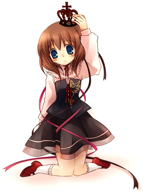 suzushiro kurumi, ushiromiya maria, umineko no naku koro ni, 00s, 1girl, black dress, blue eyes, blush, brown hair, crown, dress, female focus, kneeling, short hair, solo, white background