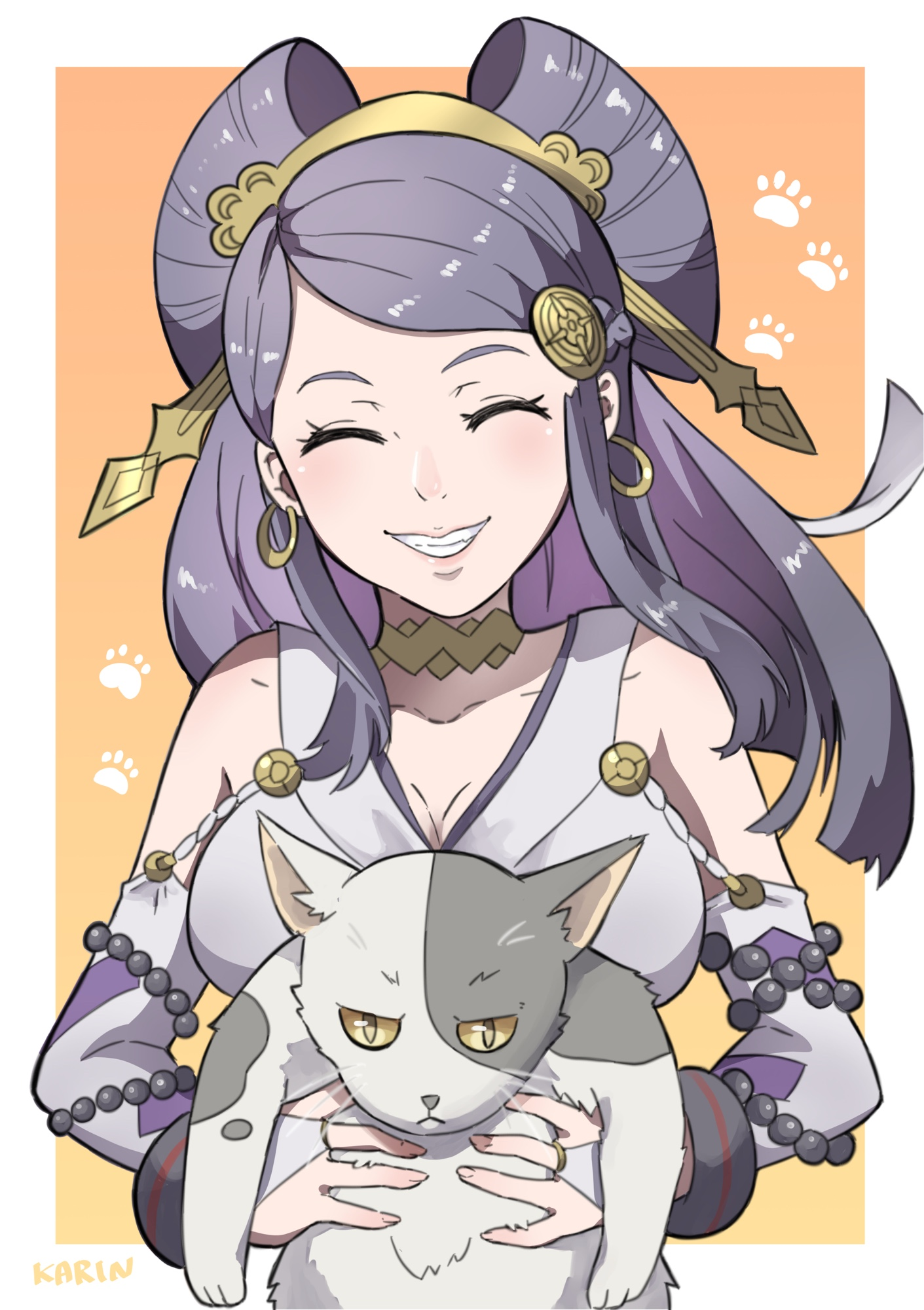 orochi (fire emblem), fire emblem, fire emblem fates, karin, nintendo, artist name, breasts, cat, choker, closed eyes, detached sleeves, hair ornament, japanese clothes, large breasts, purple hair