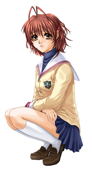 furukawa nagisa, clannad, bad id, 1girl, 2000s (style), antenna hair, blue shirt, blue skirt, blush, brown eyes, brown hair, brown shoes, cardigan, closed mouth, expressionless, full body, hikarizaka private high school uniform, loafers, looking at viewer, murasame ryouya, pleated skirt, sailor collar, school uniform, serafuku, shirt, shoes, short hair, simple background, skirt, socks, solo, squatting, white background, white sailor collar, white socks, yellow cardigan