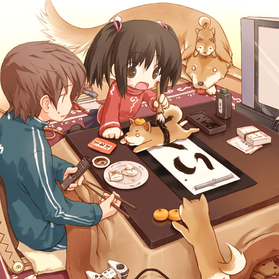sakura misaki (sakura densetsu), original, 1boy, 1girl, brown hair, calligraphy brush, child, dog, food, fruit, game console, kotatsu, mandarin orange, mochi, multiple dogs, object on head, paintbrush, shiba inu, short twintails, table, twintails, zaisu