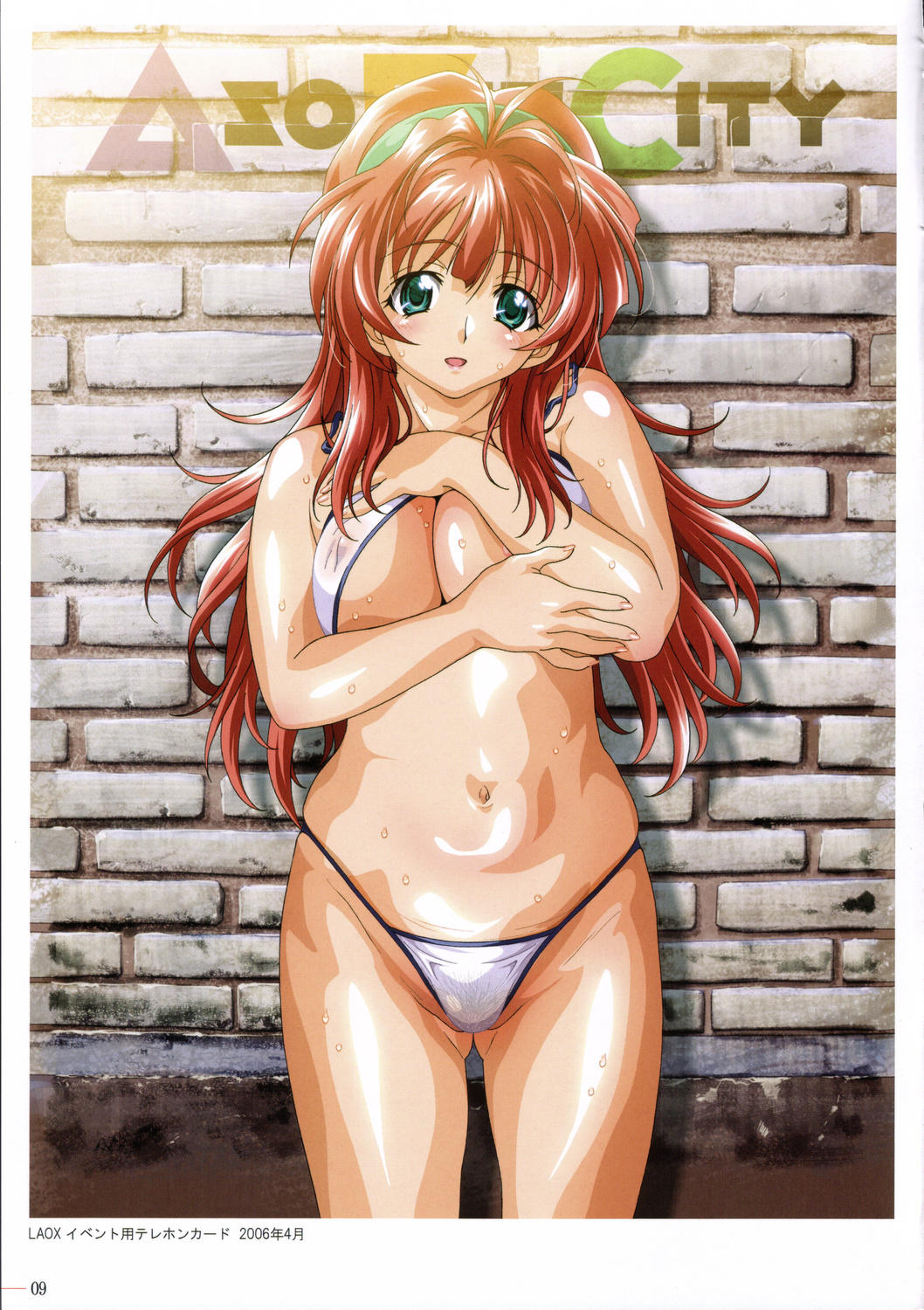 taki minashika, mizuno makoto (green), green (game), wall, highres, 1girl, bikini, blush, breasts, brick, chasing, covering breasts, covering privates, cowboy shot, female focus, green eyes, huge breasts, long hair, looking at viewer, open mouth, plump, red hair, shiny skin, solo, swimsuit, wet, white bikini