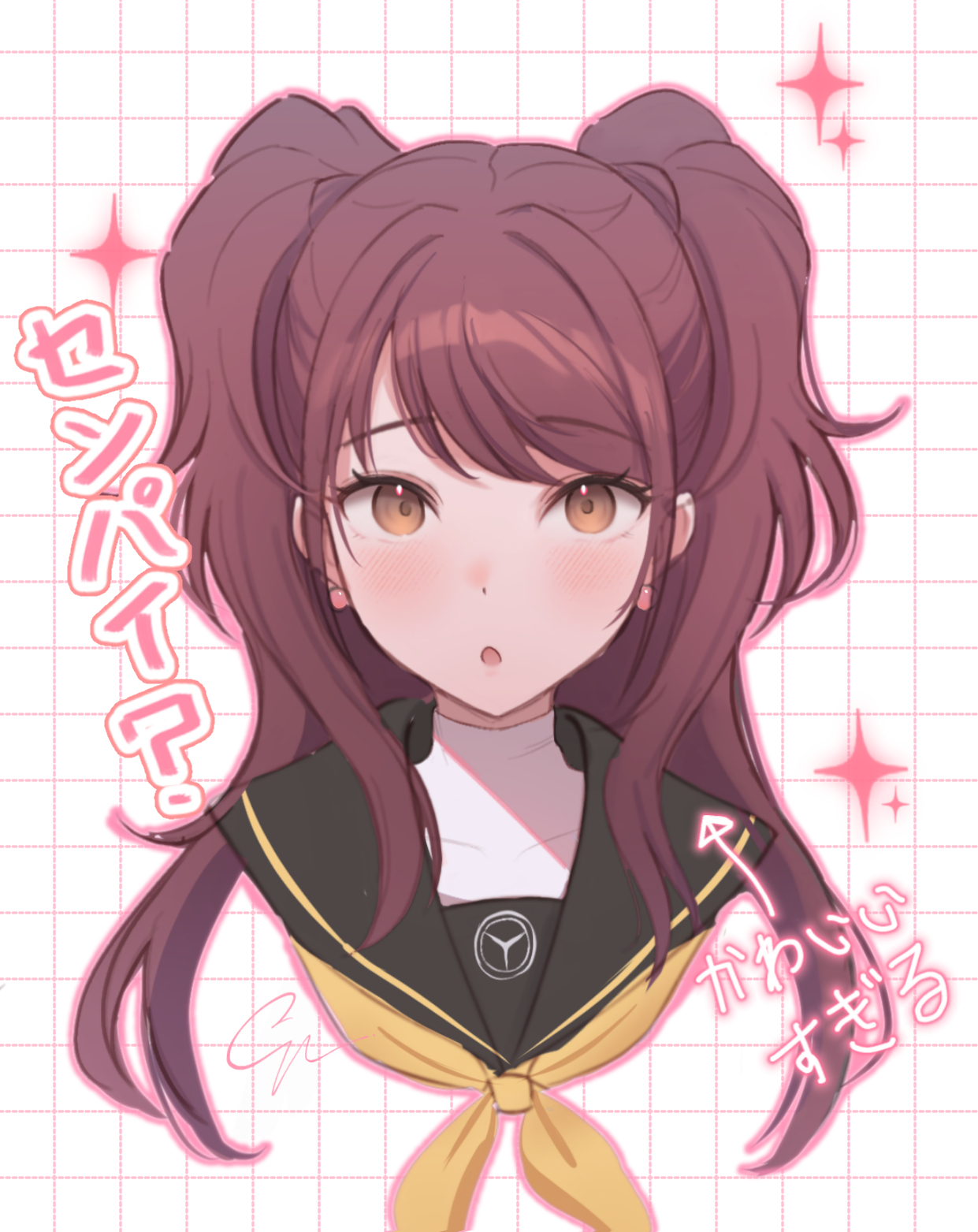 cynic (cynic2324), kujikawa rise, persona, persona 4, highres, 1girl, black sailor collar, blush, brown eyes, brown hair, earrings, eyelashes, grid background, jewelry, long hair, looking at viewer, neckerchief, open mouth, portrait, sailor collar, school uniform, sidelocks, solo, sparkle, swept bangs, twintails, white background, yasogami school uniform, yellow neckerchief