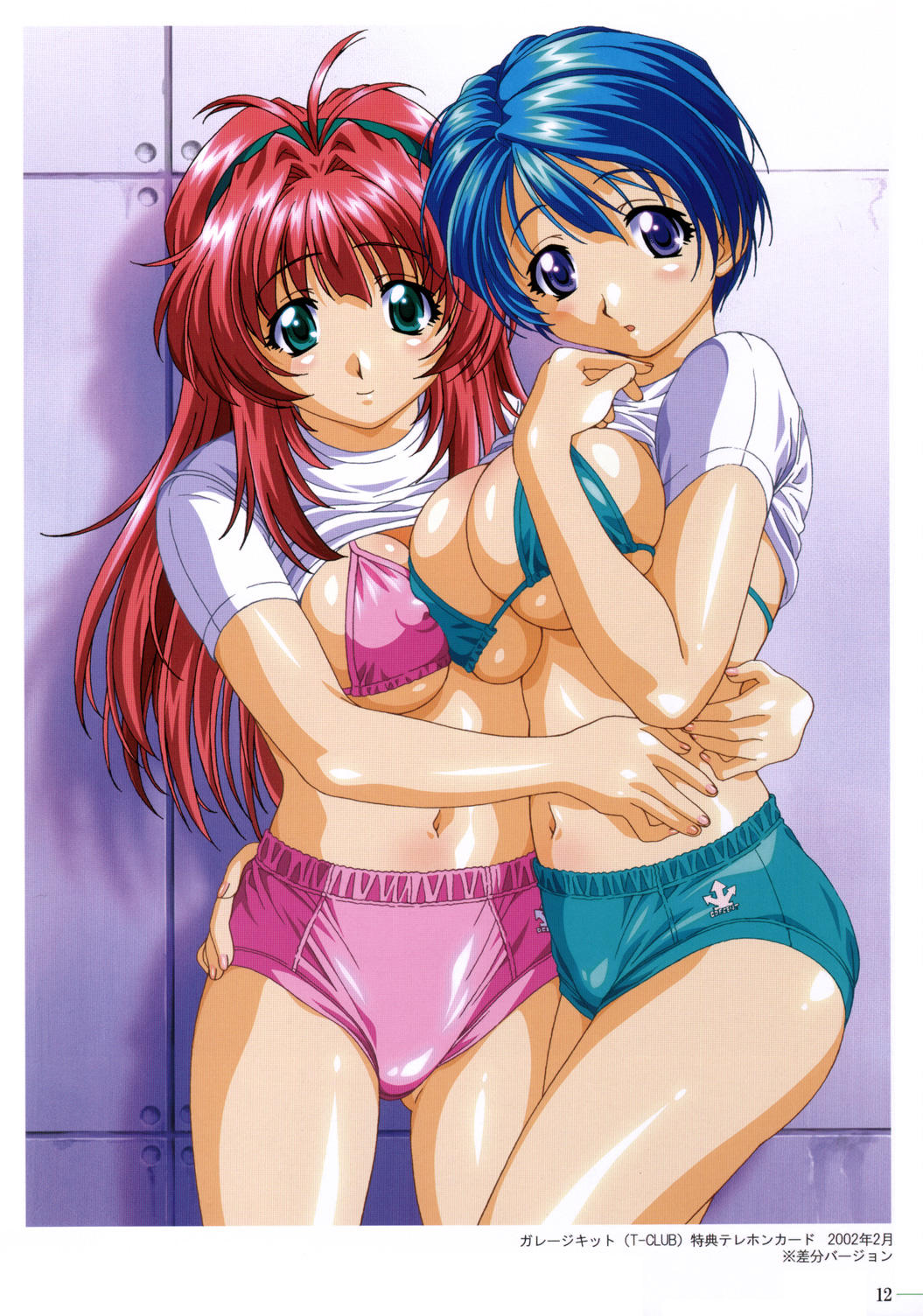taki minashika, hirose mariko, mizuno makoto (green), green (game), highres, 2girls, asymmetrical docking, bikini, bikini under clothes, blue eyes, blue hair, breast press, breasts, buruma, clothes lift, gym uniform, hairband, headband, huge breasts, multiple girls, pink hair, red hair, school, shirt lift, swimsuit, swimsuit under clothes, symmetrical docking, yuri