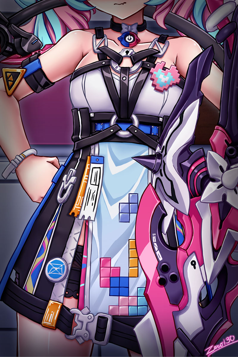 zero130rider, delta (honkai impact), rozaliya olenyeva, honkai (series), honkai impact 3rd, highres, 1girl, artist name, blue eyes, blue hair, dress, greatsword, holding, holding sword, holding weapon, long hair, looking at viewer, multicolored hair, pink hair, solo, sword, tail, twintails, two-tone hair, weapon
