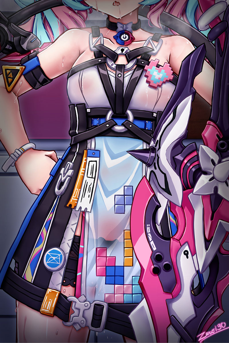 zero130rider, delta (honkai impact), rozaliya olenyeva, honkai (series), honkai impact 3rd, highres, 1girl, artist name, blue eyes, blue hair, covered erect nipples, dress, female pubic hair, greatsword, holding, holding sword, holding weapon, long hair, looking at viewer, multicolored hair, open mouth, pink hair, pubic hair, solo, sweat, sword, tail, twintails, two-tone hair, weapon, wet, wet clothes