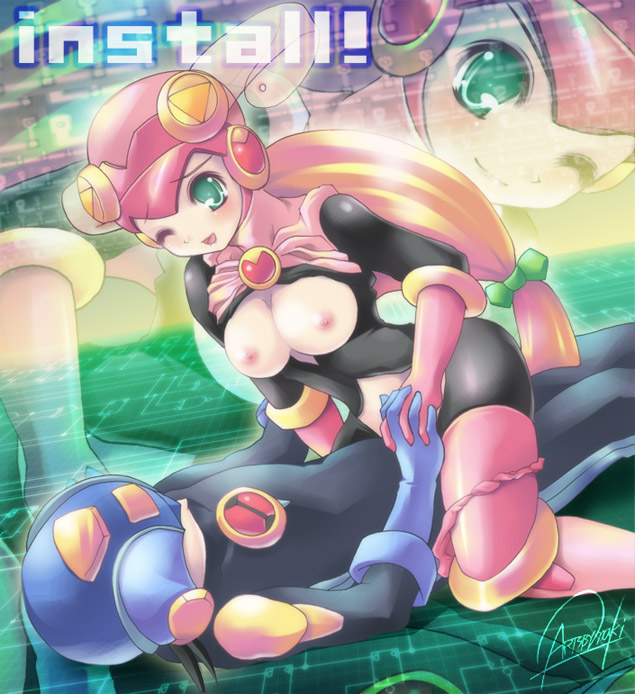 maki (seventh heaven maxion), megaman.exe, roll.exe (mega man), capcom, mega man (series), mega man battle network, mega man battle network (series), 00s, 1boy, 1girl, blonde hair, blush, boots, breasts, clothed sex, clothes lift, gloves, green eyes, happy sex, helmet, hetero, holding hands, interlocked fingers, latex, long hair, nipples, one eye closed, panties, panties around leg, pink boots, sex, shirt lift, text focus, underwear, wink