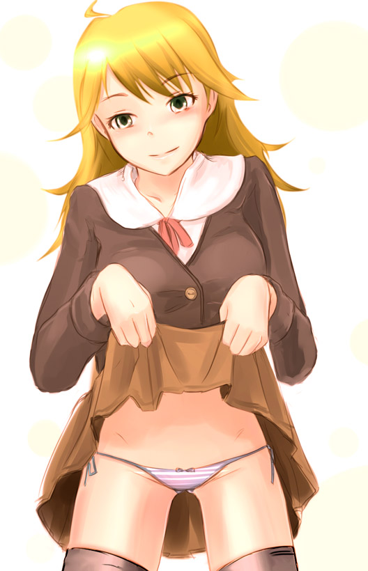 asaki yuki, hoshii miki, idolmaster, idolmaster (classic), idolmaster 1, 00s, 1girl, blonde hair, clothes lift, female focus, lowleg, lowleg panties, panties, school uniform, serafuku, skirt, skirt lift, solo, striped clothes, striped panties, thighhighs, underwear