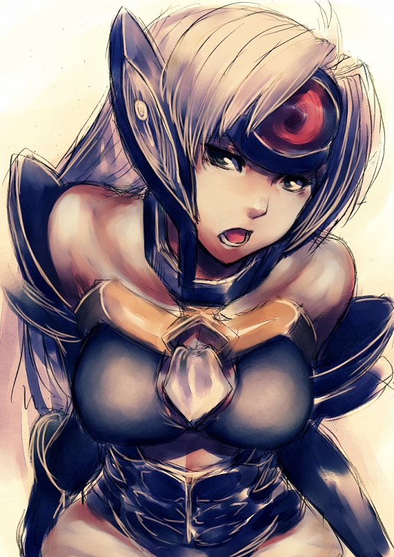 fumio (rsqkr), t-elos, xenosaga, xenosaga episode iii, 00s, 1girl, android, breasts, cleavage, cyborg, dark-skinned female, dark skin, elbow gloves, female focus, gloves, grey eyes, large breasts, purple hair, solo