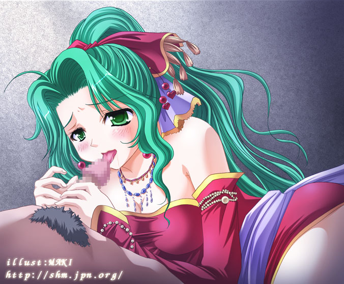 maki (seventh heaven maxion), tina branford, final fantasy, final fantasy vi, 1990s (style), 1girl, dress, fellatio, green eyes, green hair, handjob, oral, penis, ponytail, ribbon, solo focus, tongue