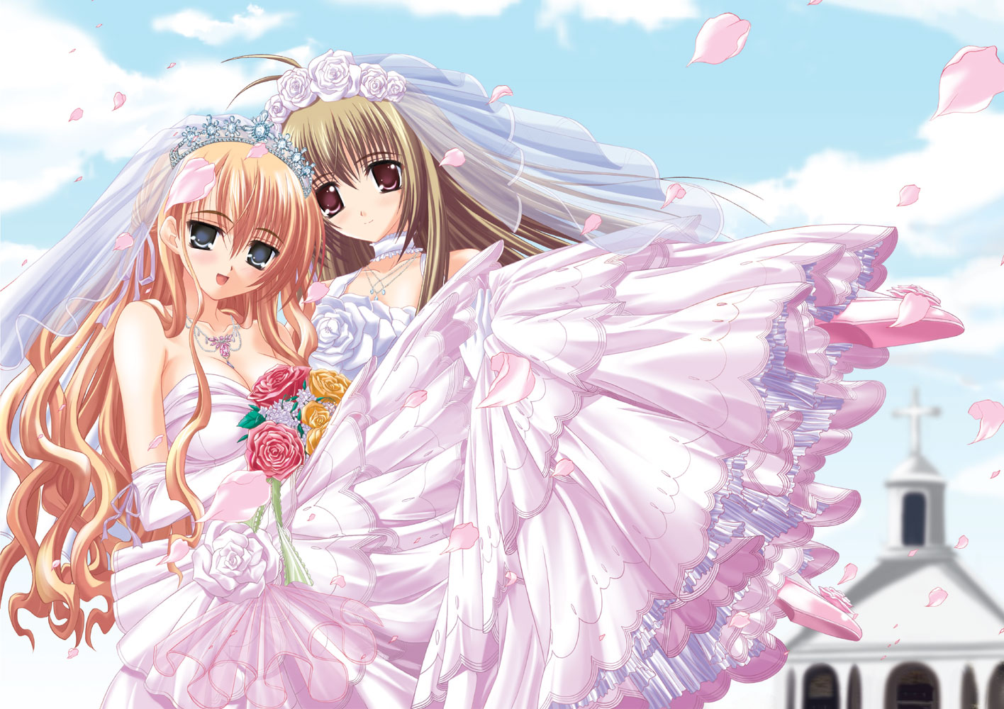 norita, shinbo tamaran, itsukushima takako, miyanokouji mizuho, otome wa boku ni koishiteru, 00s, 1boy, 1girl, blush, bouquet, bridal veil, bride, brown hair, carrying, dress, elbow gloves, flower, gloves, hetero, jewelry, long hair, necklace, petals, princess carry, red hair, smile, trap, veil, wedding dress