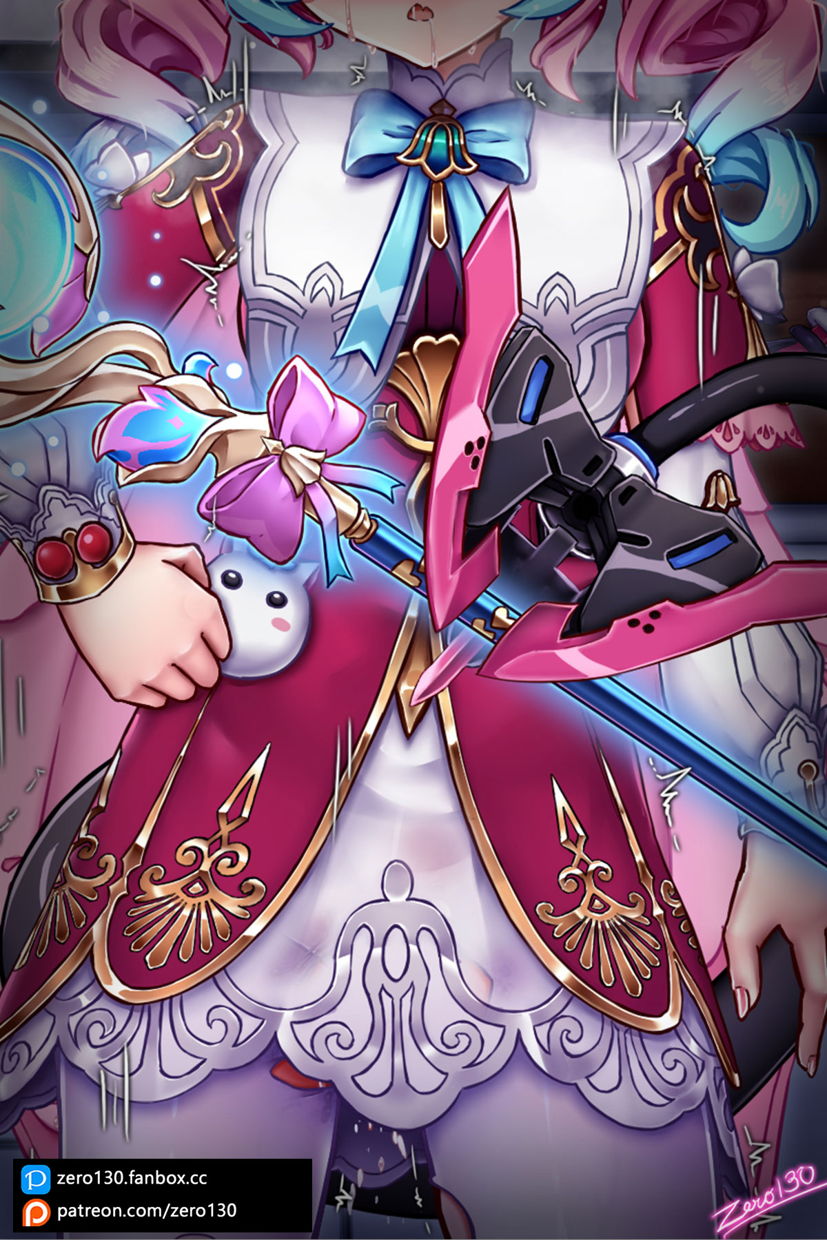 zero130rider, delta (honkai impact), hyacine (honkai: star rail), rozaliya olenyeva, honkai: star rail, honkai (series), honkai impact 3rd, highres, 1girl, artist name, blue eyes, blue hair, cosplay, covered erect nipples, dress, holding, holding wand, hyacine (honkai: star rail) (cosplay), long hair, looking at viewer, multicolored hair, open mouth, pink hair, solo, sweat, tail, twintails, two-tone hair, wand, wet, wet clothes