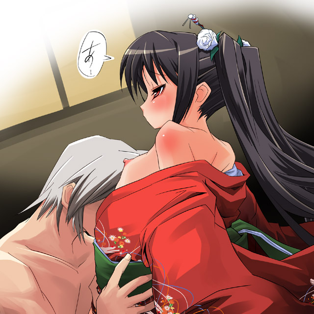 hermmy, kooh (pangya), max, max (pangya), pangya, 1boy, 1girl, black hair, blush, flat chest, japanese clothes, kimono, nipples, twintails, yukata