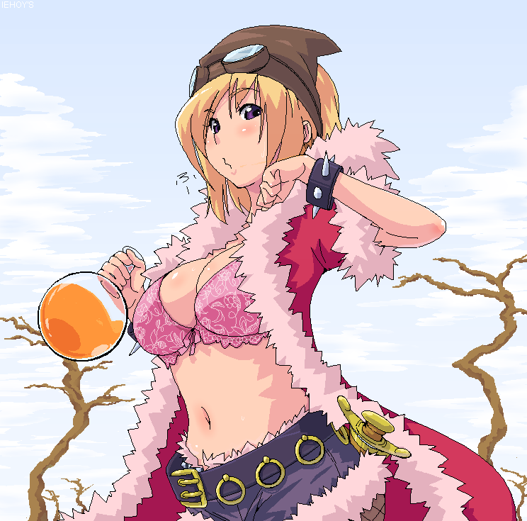 amami amayu, rogue (ragnarok online), ragnarok online, 1girl, bare tree, belt, bikini, bikini under clothes, blonde hair, bottle, bra, breasts, cleavage, cloud, female focus, fishnets, flask, goggles, goggles on head, large breasts, lingerie, looking at viewer, midriff, oekaki, outdoors, pink bikini, purple belt, purple eyes, round-bottom flask, short sleeves, shorts, sky, solo, swimsuit, sword, tree, underwear, weapon