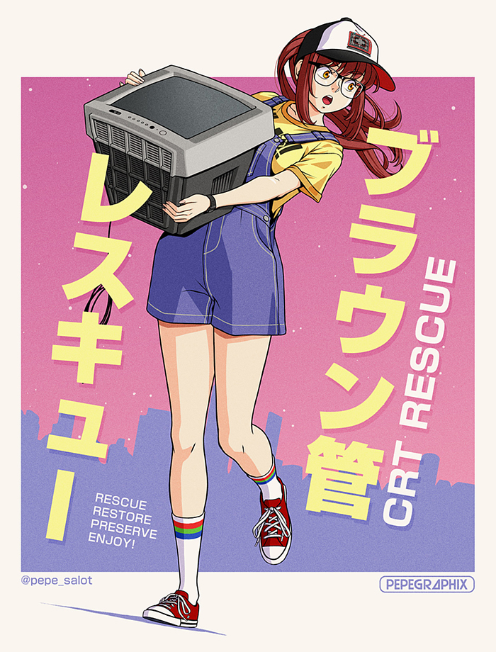 jose salot, original, commentary, english commentary, translation request, !, 1girl, :o, artist logo, baseball cap, blue overalls, border, brown eyes, brown hair, cityscape, clothes writing, colored stripes, crt, denim overalls, donna (jose salot), english text, fingernails, floating hair, glasses, hat, holding television, logo, long fingernails, long hair, looking back, mixed-language text, open mouth, overalls, pink sky, red shoes, running, shirt, shoes, short sleeves, sky, sneakers, socks, solo, star (sky), teeth, television, television print, twitter username, upper teeth only, vaporwave, watch, white border, white socks, wristwatch, yellow shirt