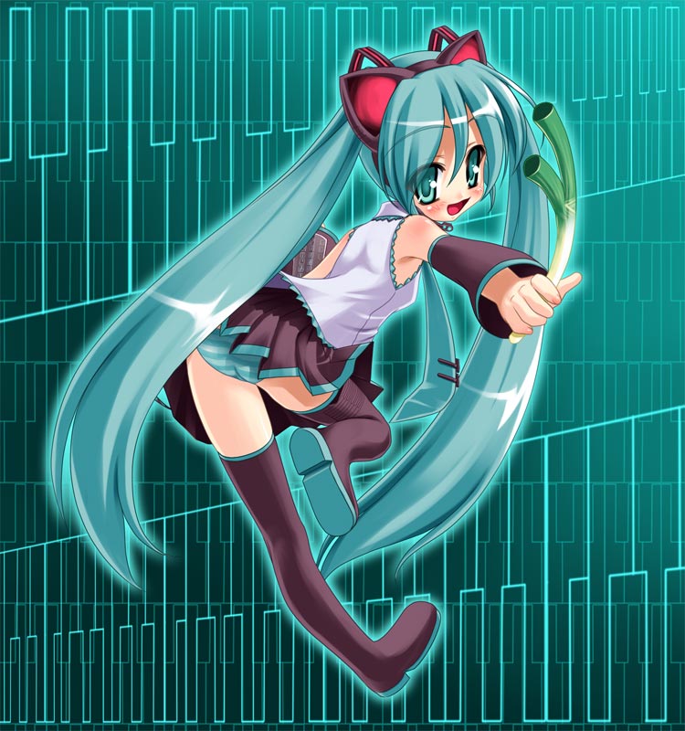 suzu kazumi, hatsune miku, vocaloid, 1girl, aqua hair, female focus, long hair, panties, pantyshot, solo, spring onion, striped clothes, striped panties, thighhighs, twintails, underwear, very long hair