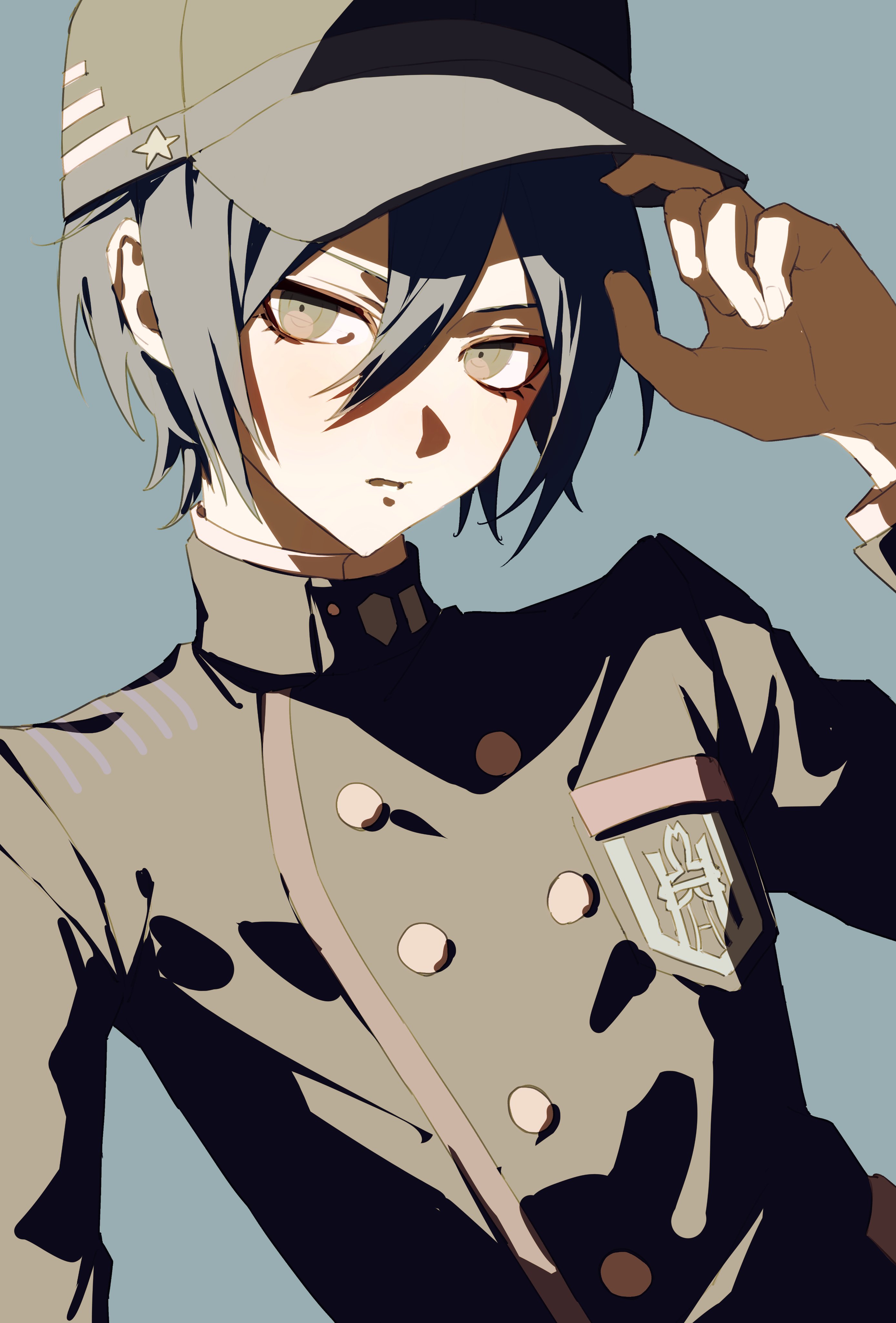 333takoyaki, saihara shuichi, danganronpa (series), danganronpa v3: killing harmony, absurdres, commentary request, highres, 1boy, baseball cap, black hair, black hat, black jacket, blue background, brown eyes, hair between eyes, hat, jacket, long sleeves, looking at viewer, male focus, parted lips, simple background, solo, star (symbol), upper body