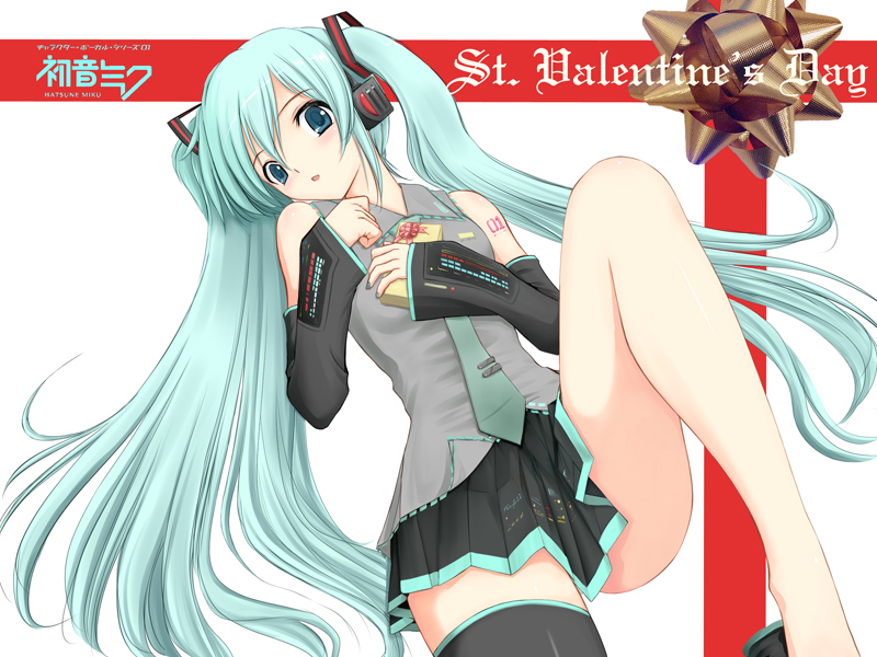 niwatori kokezou, hatsune miku, vocaloid, 1girl, aqua hair, female focus, single thighhigh, solo, thighhighs, twintails, valentine