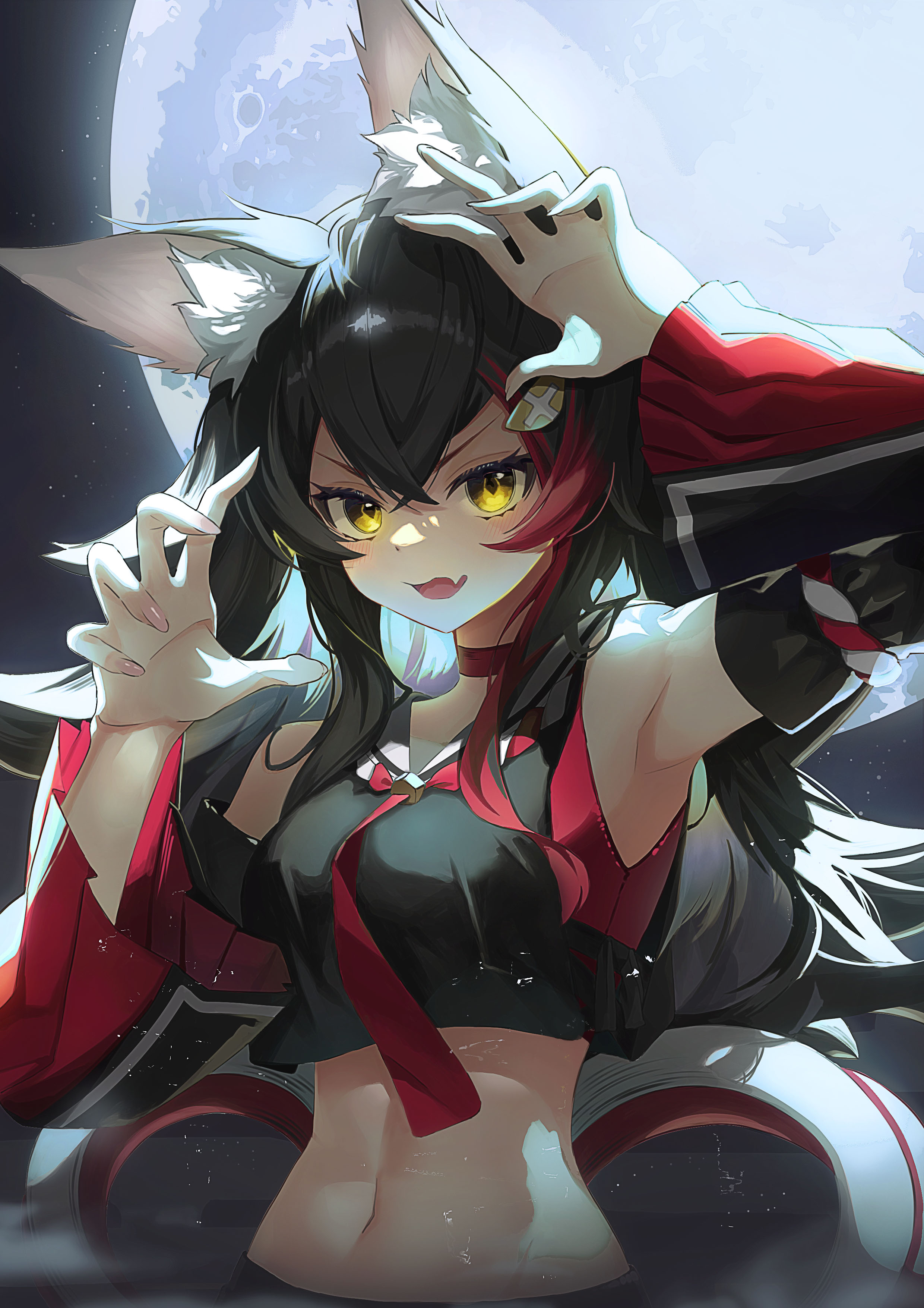 ookami mio, ookami mio (1st costume), hololive, absurdres, commentary request, highres, >:), 1girl, :3, animal ear fluff, animal ears, arms up, backlighting, black hair, black shirt, breasts, claw pose, collar, crop top, crossed bangs, detached sleeves, double-parted bangs, fang, fingernails, food-themed hair ornament, full moon, hair between eyes, hair ornament, kouhaku nawa, large breasts, lemon hair ornament, long sleeves, looking at viewer, midriff, moon, multicolored hair, navel, necktie, night, night sky, open mouth, red hair, red necktie, red trim, rope, sharp fingernails, shimenawa, shirt, skin fang, sky, smile, solo, streaked hair, upper body, v-shaped eyebrows, virtual youtuber, white collar, white hair, wide sleeves, wolf ears, wolf girl, xn akisa, yellow eyes