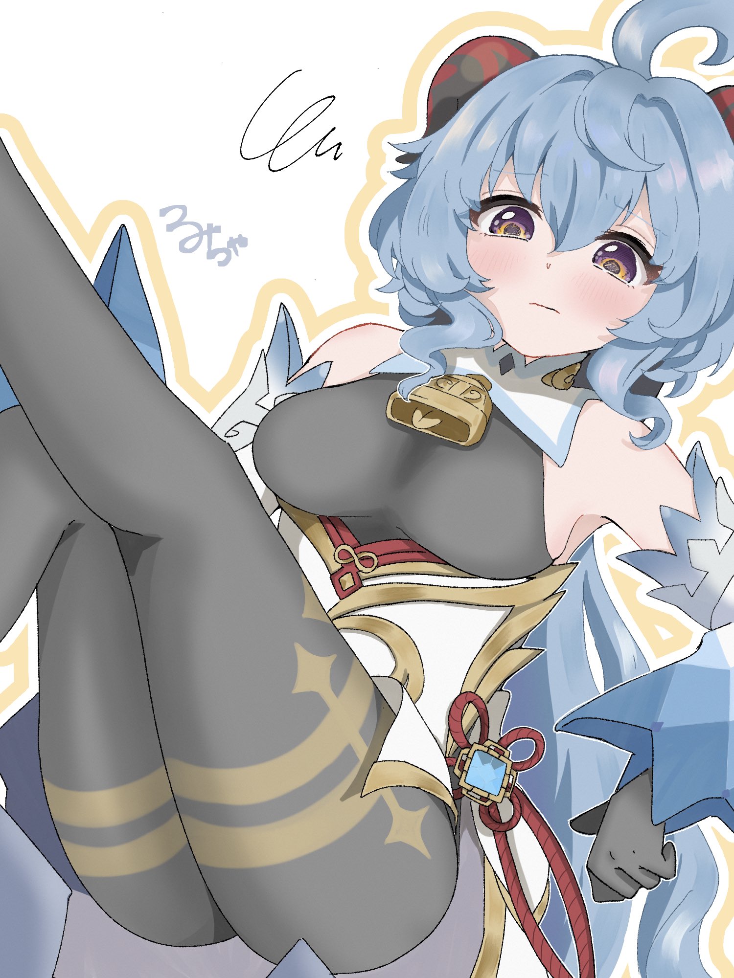 purupu (plpl ilust), ganyu (genshin impact), genshin impact, commentary, highres, 1girl, ahoge, ass, bare shoulders, bell, black gloves, black horns, blue hair, blush, bodystocking, bodysuit, breasts, closed mouth, cowbell, detached collar, detached sleeves, embarrassed, eyes visible through hair, framed breasts, gloves, gold trim, hair between eyes, halterneck, horns, long hair, medium breasts, multicolored horns, neck bell, pantyhose, ponytail, purple eyes, sidelocks, sleeveless, solo, tassel, two-tone horns, very long hair, vision (genshin impact), wavy hair, wavy mouth, white background