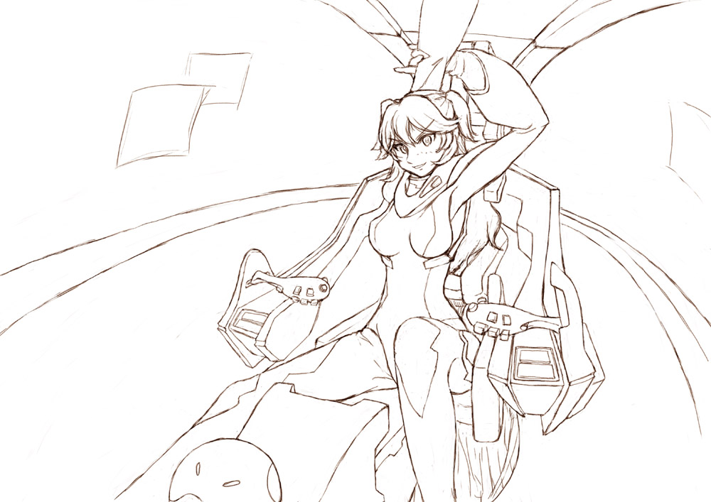 bad haro, haro, nena trinity, gundam, gundam 00, pilot suit, uniform, 00s, 1girl, arm up, blush, breasts, cockpit, female focus, looking at viewer, monochrome, riding, short hair, simple background, sitting, skin tight, solo, white background