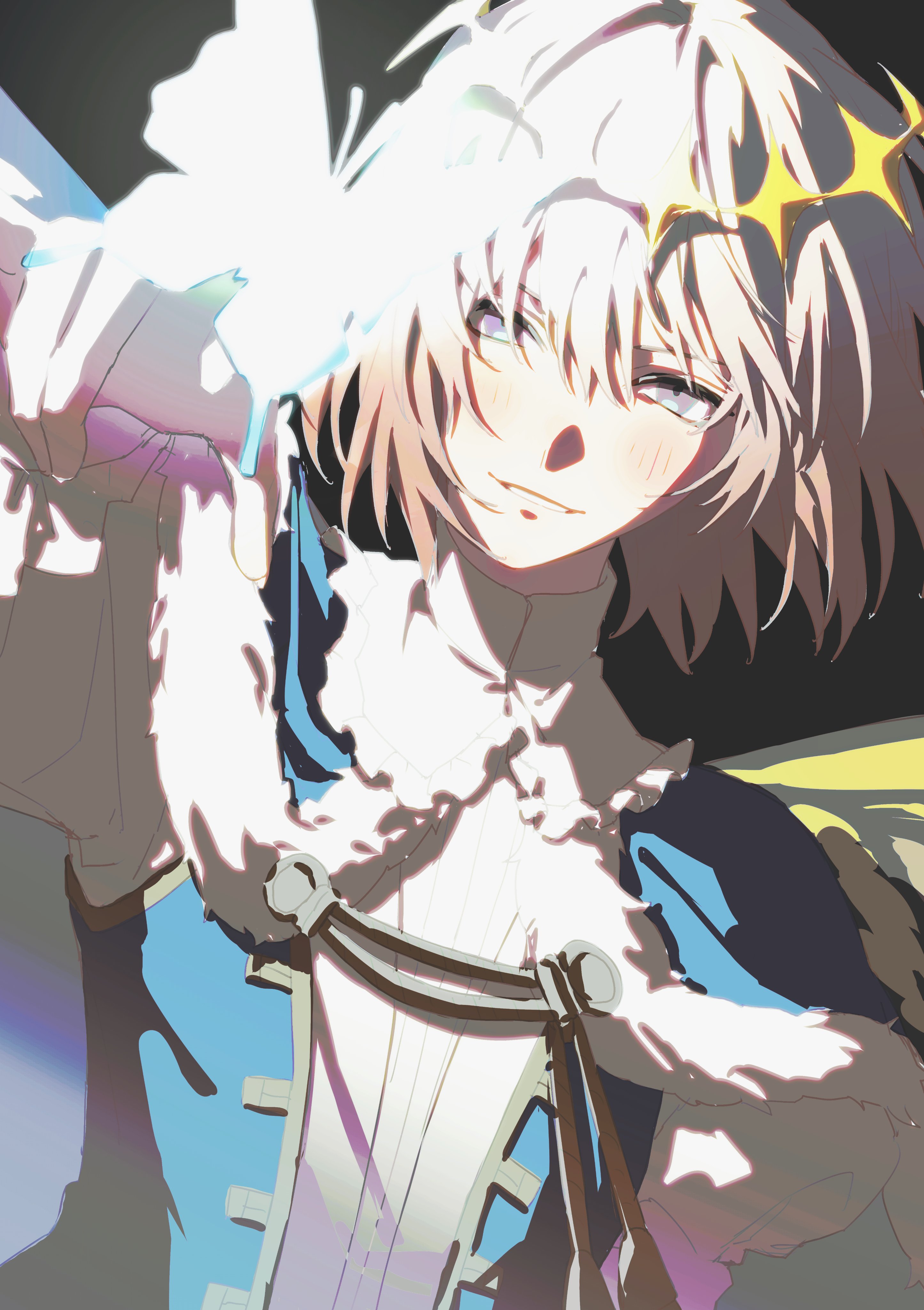 333takoyaki, oberon (fate), oberon (first ascension) (fate), fate/grand order, fate (series), absurdres, commentary request, highres, 1boy, blue cape, blush, bug, butterfly, butterfly on hand, butterfly wings, cape, gradient hair, hair between eyes, insect, insect wings, male focus, multicolored hair, pink hair, solo, upper body, white hair, wings