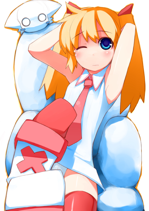 bachera, pakky (bachera), original, 1girl, armpits, blonde hair, blue eyes, female focus, one eye closed, panties, solo, tears, thighhighs, twintails, underwear