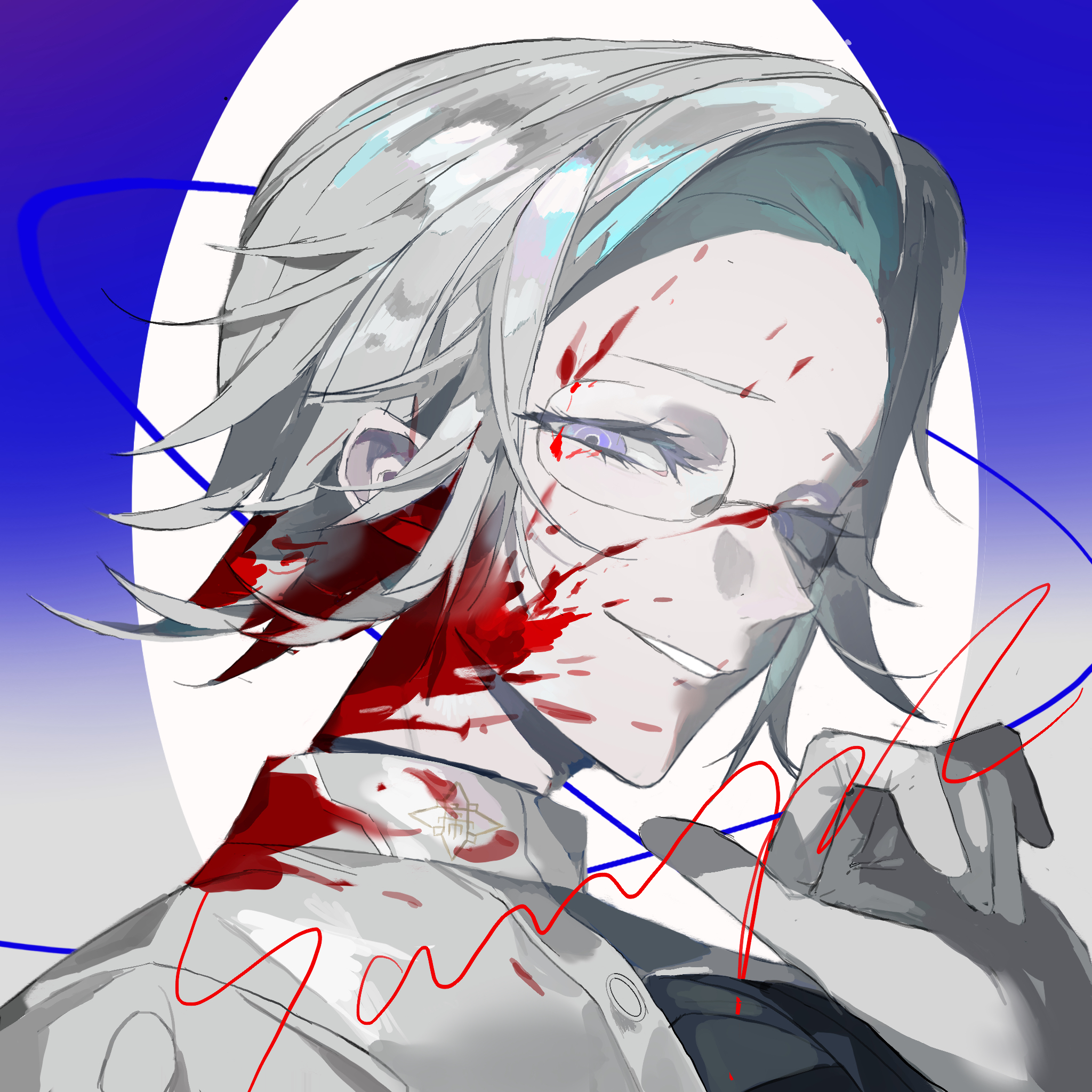 kuma (yoooooooo152), aotsuki eito, the hundred line -last defense academy-, chinese commentary, commentary request, highres, 1boy, blood, blood on face, blood on neck, blue background, evil smile, gakuran, glasses, gloves, gradient background, grey hair, hand up, jacket, last defense academy school uniform, looking at viewer, male focus, portrait, purple eyes, ringed eyes, sample watermark, school uniform, short hair, smile, solo, two-tone background, watermark, white background, white gloves, white jacket