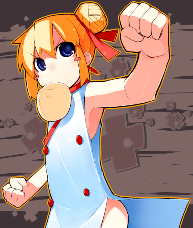 bachera, pakky (bachera), original, 1girl, armpits, blonde hair, blue eyes, china dress, chinese clothes, double bun, dress, female focus, flat chest, food, hair bun, hair ribbon, mouth hold, ribbon, solo