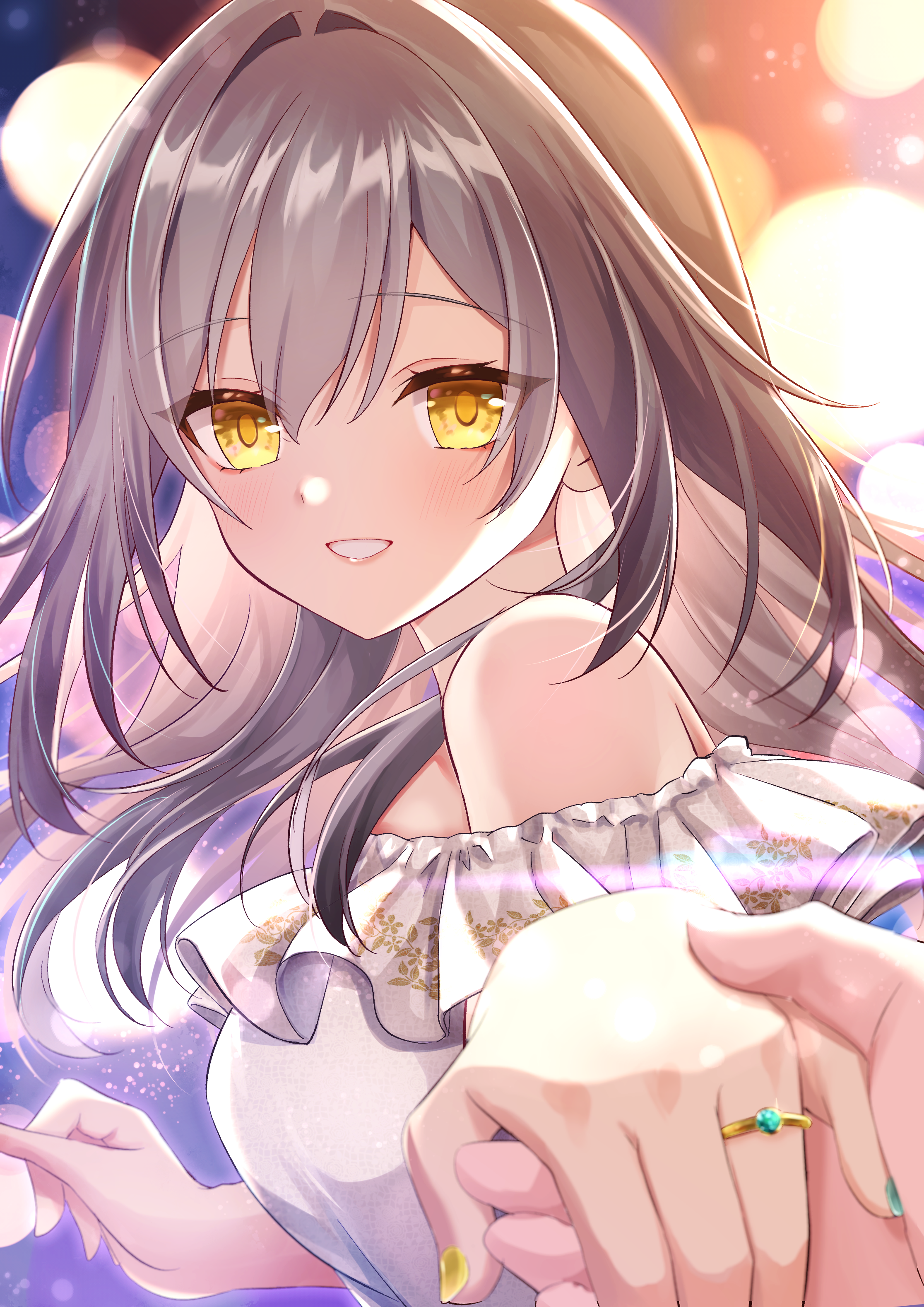 stelle (honkai: star rail), trailblazer (honkai: star rail), honkai: star rail, honkai (series), absurdres, commentary request, highres, 10ko2130, 1girl, 1other, bare shoulders, breasts, dress, green nails, grey hair, grin, hair between eyes, holding hands, jewelry, large breasts, long hair, looking at viewer, multicolored nails, nail polish, off-shoulder dress, off shoulder, pov, pov hands, ring, smile, solo focus, upper body, white dress, yellow eyes, yellow nails
