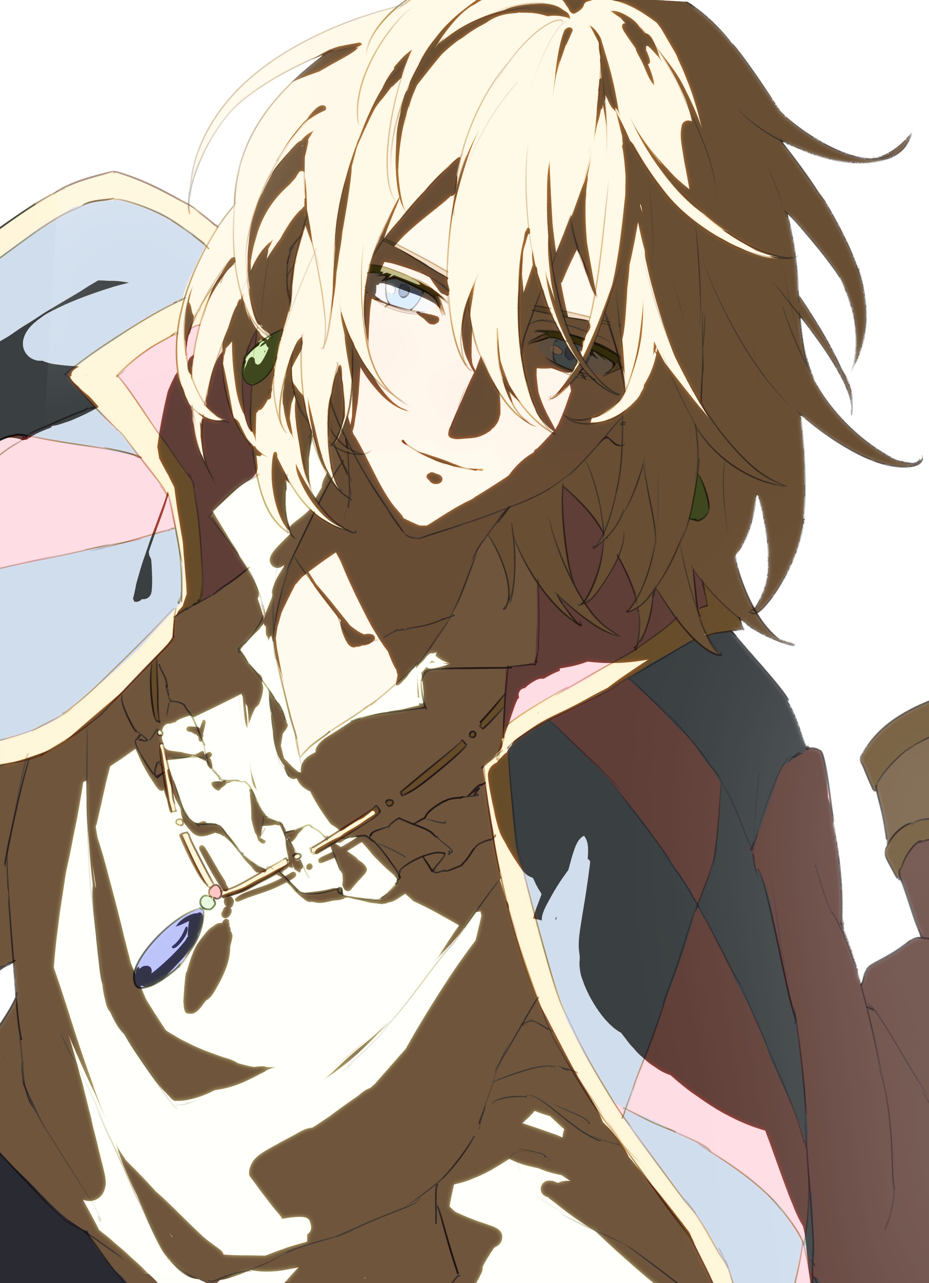333takoyaki, howl pendragon, howl no ugoku shiro, absurdres, commentary request, highres, 1boy, blonde hair, blue eyes, closed mouth, earrings, hair between eyes, jewelry, looking at viewer, male focus, pendant, shirt, simple background, solo, upper body, white background, white shirt