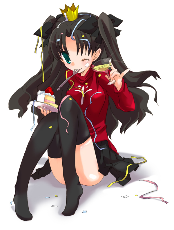 hizuki yayoi, tohsaka rin, fate/stay night, fate (series), 00s, 1girl, aqua eyes, black hair, black thighhighs, cake, crown, female focus, food, fork, glass, hair ribbon, long hair, long legs, looking at viewer, mouth hold, no pupils, one eye closed, pastry, pinky out, ribbon, sitting, skirt, solo, thighhighs, two side up, white background, wink