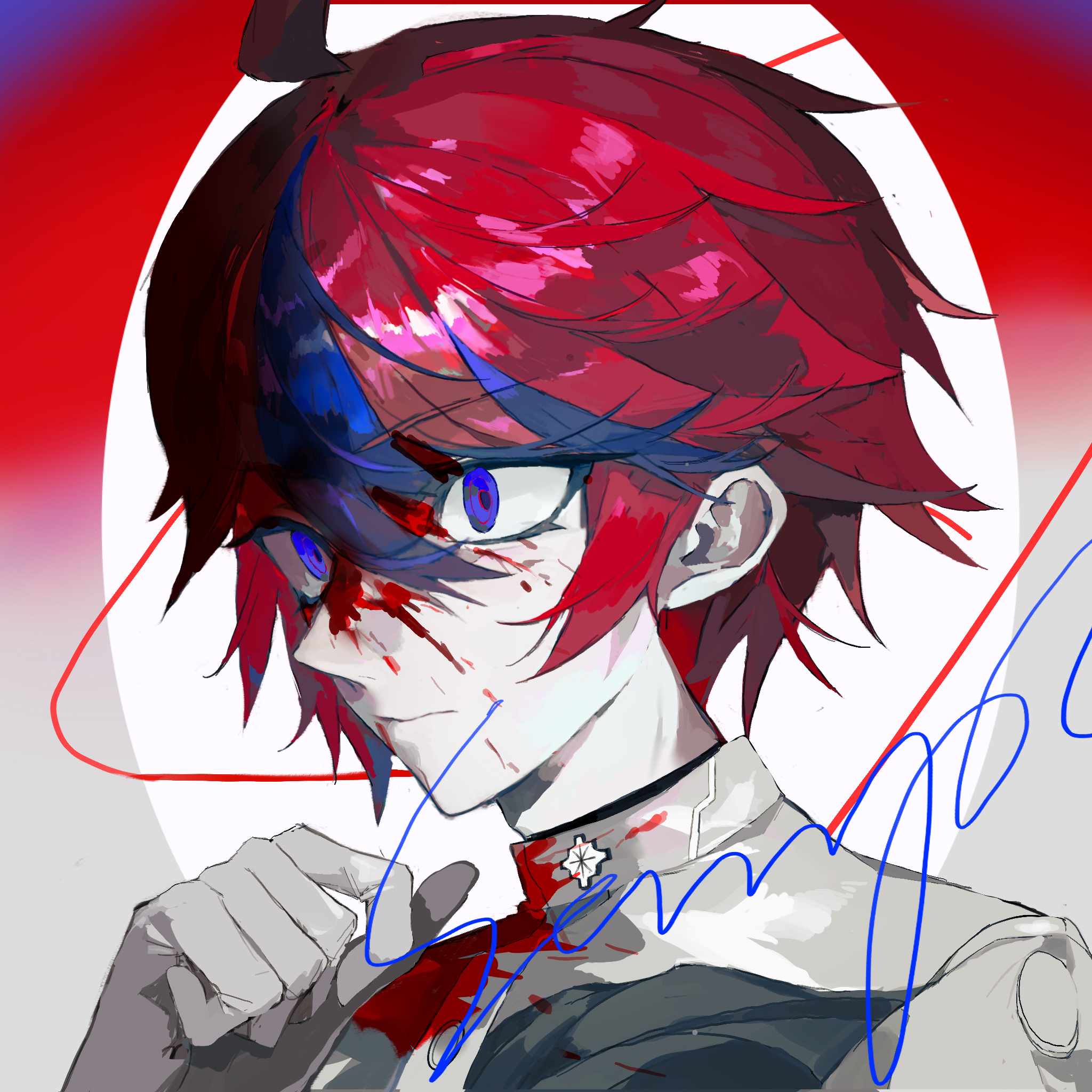 kuma (yoooooooo152), sumino takumi, the hundred line -last defense academy-, chinese commentary, commentary request, highres, 1boy, ahoge, black streaks, blood, blood on clothes, blood on face, blue eyes, gakuran, gloves, gradient background, hand up, jacket, last defense academy school uniform, looking ahead, male focus, multicolored hair, portrait, red background, red hair, ringed eyes, sample watermark, school uniform, short hair, solo, streaked hair, two-tone background, watermark, white background, white gloves, white jacket
