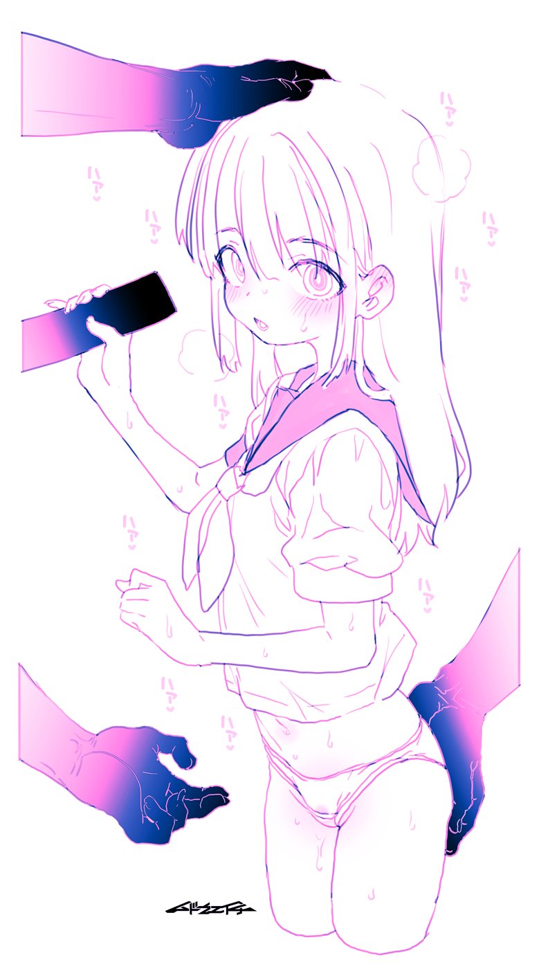 mudou eichi, original, highres, 1girl, blush, breath, hand on another's ass, headpat, implied penis grab, long hair, panties, school uniform, serafuku, sweat, underwear, white background