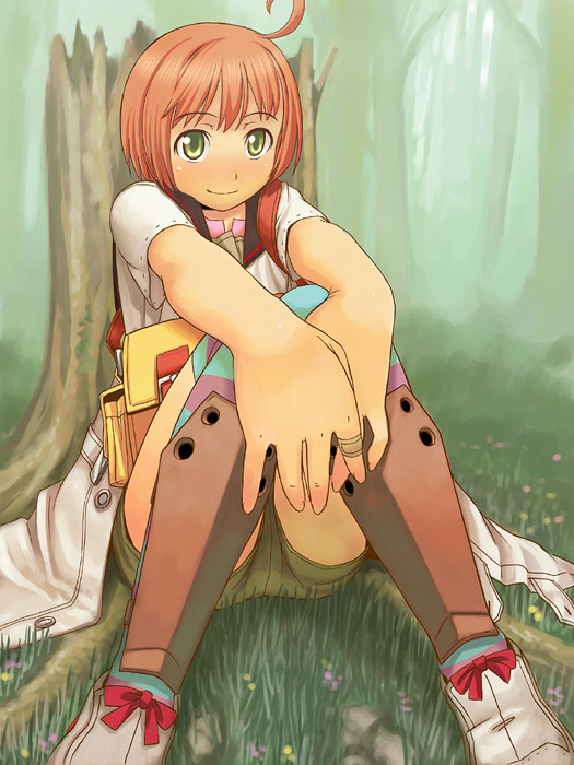 itou (onsoku tassha), medic (sekaiju), medic 2 (sekaiju), atlus, etrian odyssey, eyebrows, 1girl, ahoge, bandaid, bandaid on hand, bow, female focus, footwear bow, grass, green eyes, jacket, knees together feet apart, knees up, looking at viewer, nature, onnsoku, open clothes, orange hair, outdoors, outstretched arms, red bow, shoes, short hair, sitting, smile, solo, striped clothes, striped thighhighs, thighhighs, tree, white shoes